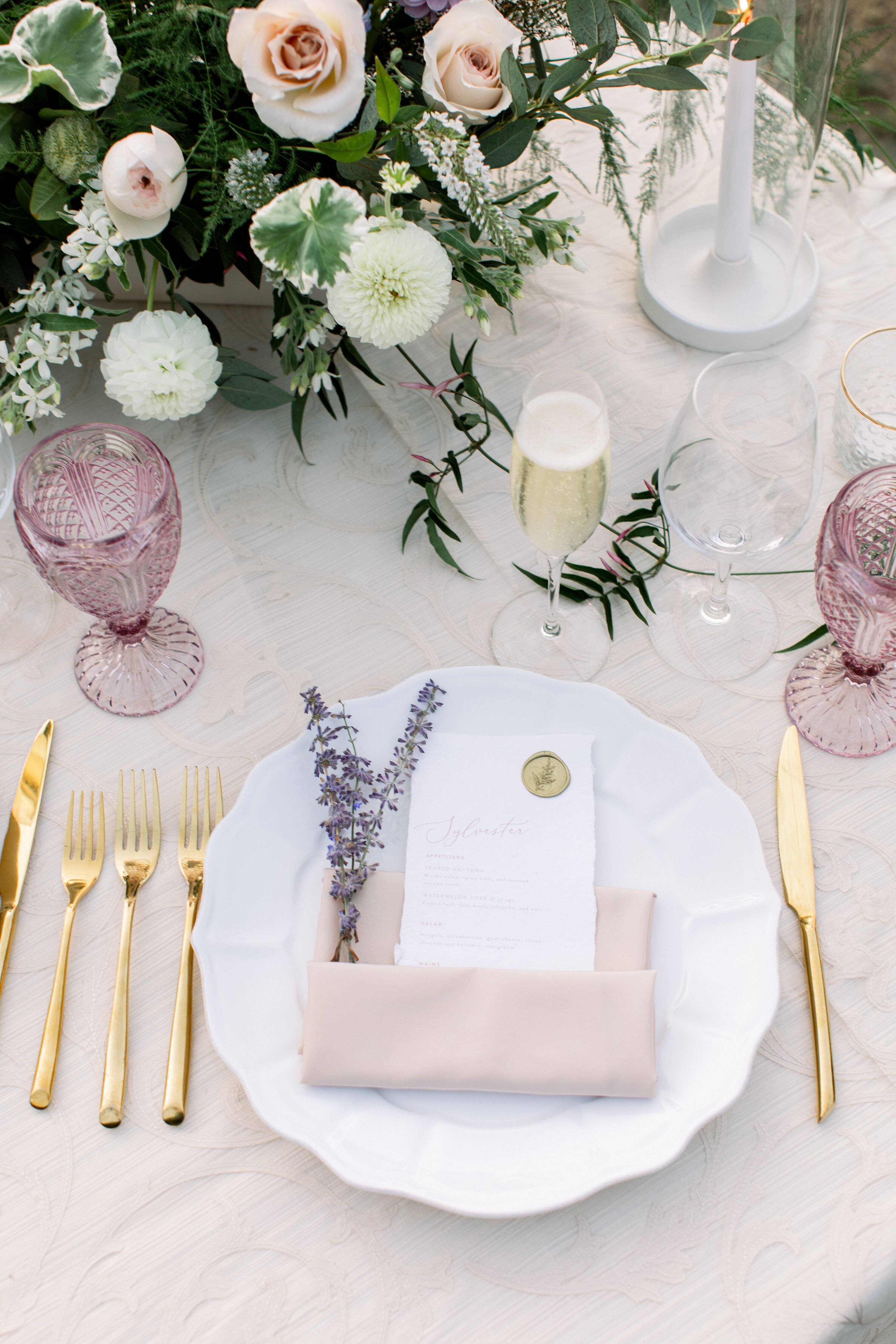 Blush-and-Purple Place Setting at Wente Winery Wedding