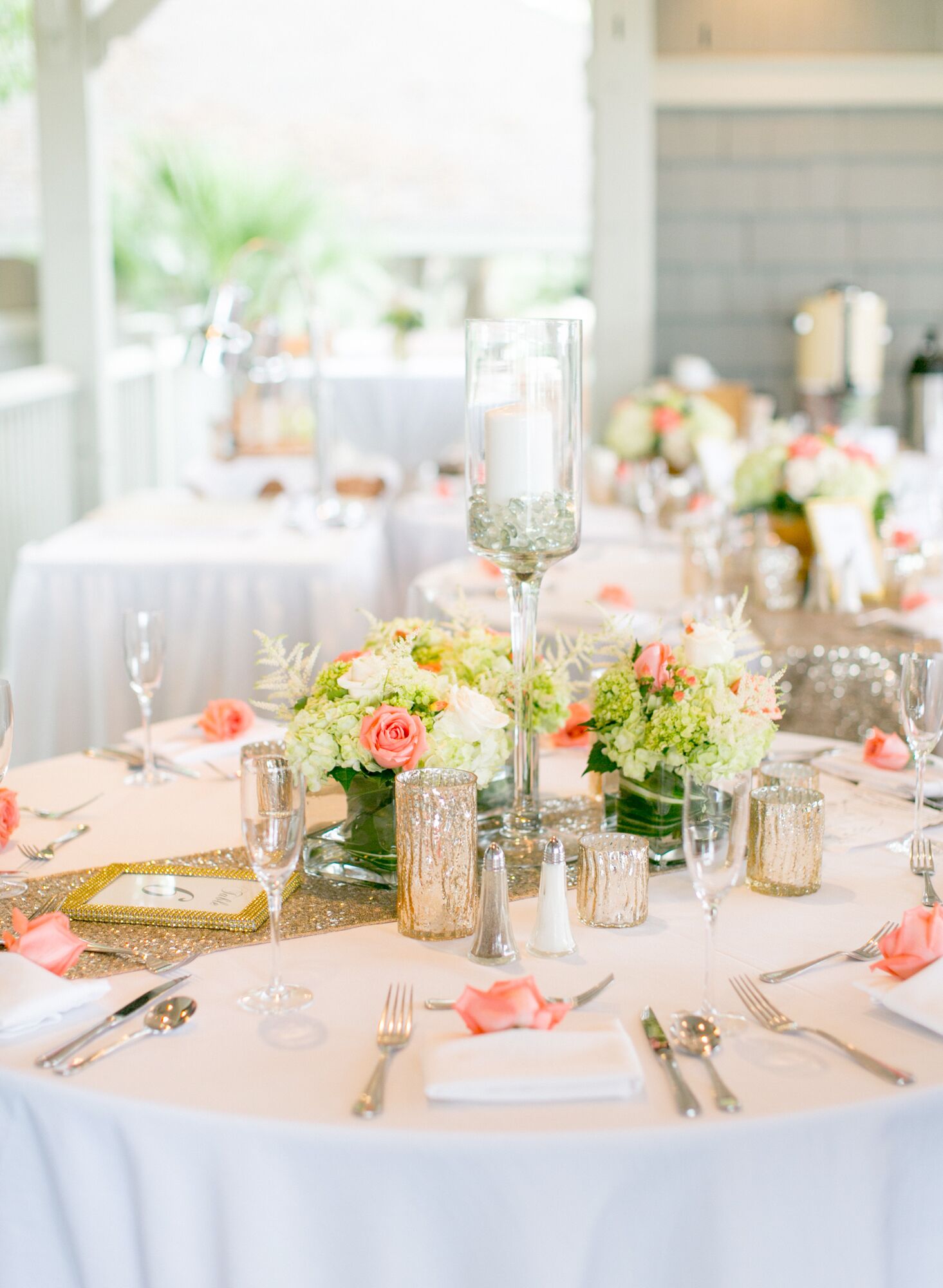 Gold Table Runners and Vibrant Hydrangea Centerpieces