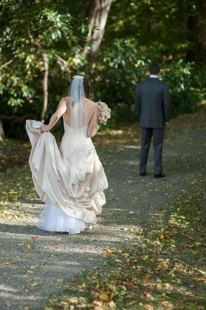 Bride Before First Look in Champagne Bustle Silk Wedding Dress and