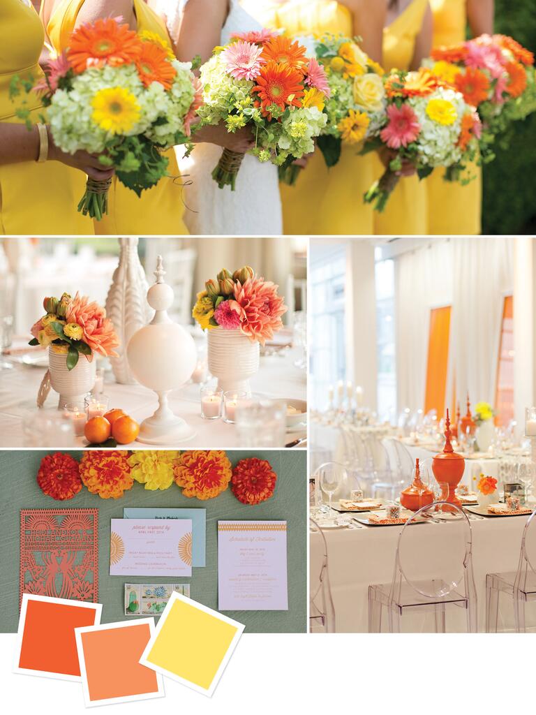 Tangerine, orange and yellow wedding details