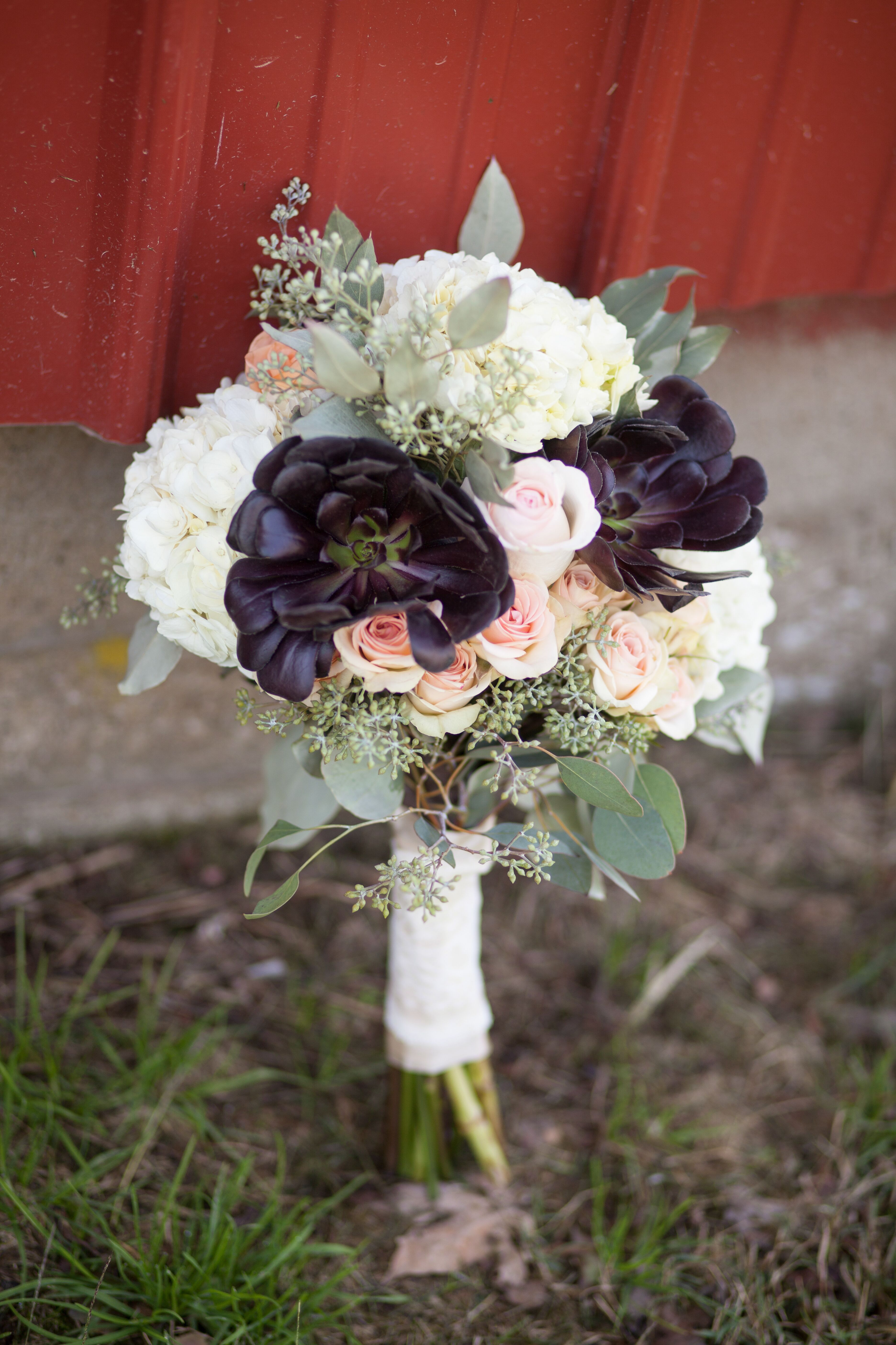 A Rustic Bridal Bouquet with Blush Roses, White Hydrangeas, and ...