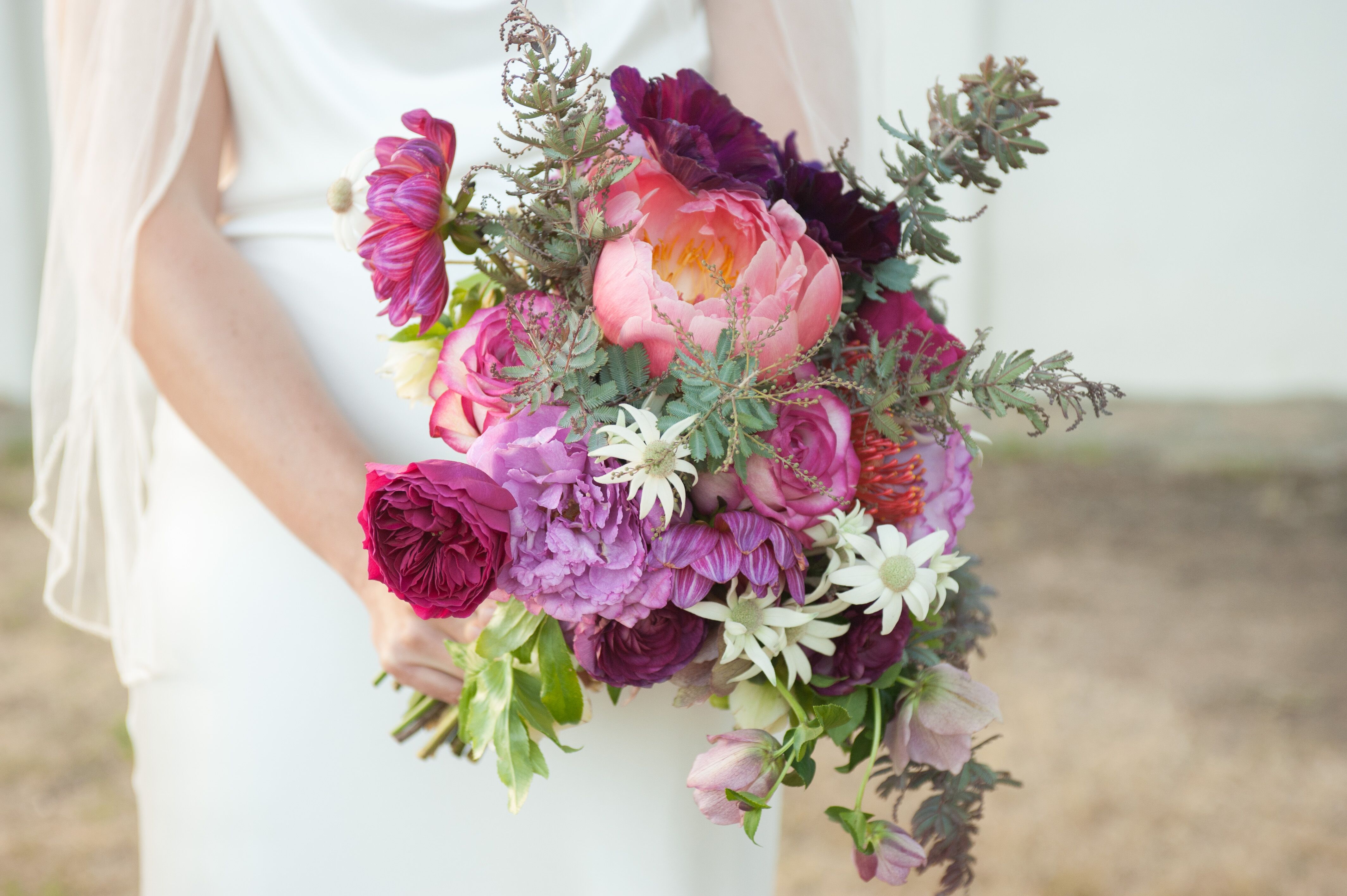 Bold, Asymmetrical Textured Bouquet with Peonies and Garden Roses