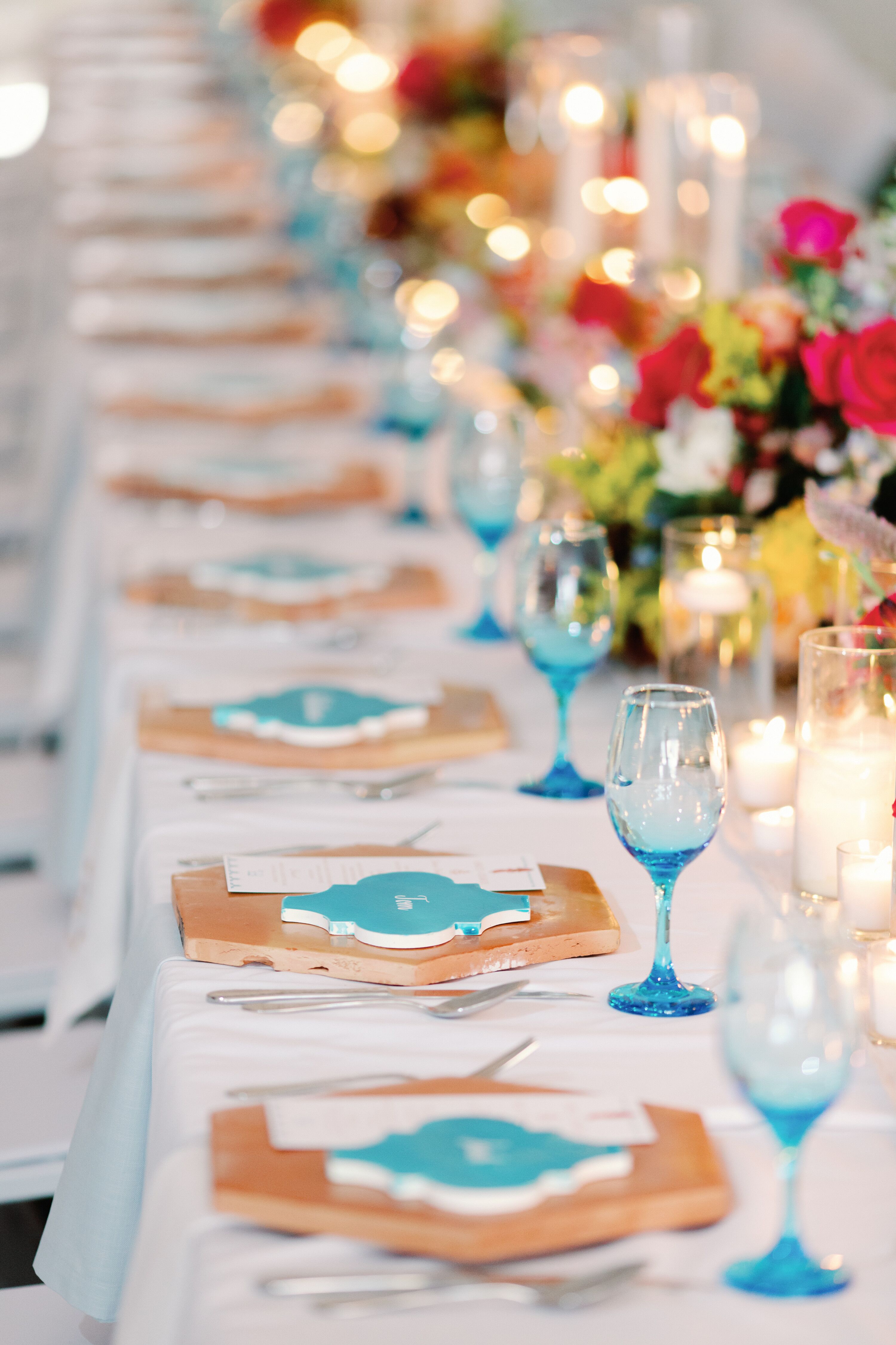 Long Reception Table With Wood Chargers, Turquoise Place Cards, Blue ...