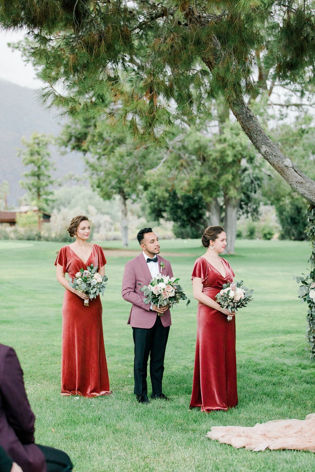 Wedding Party in Burgundy Attire at Smoke Tree Ranch in Palm Springs ...