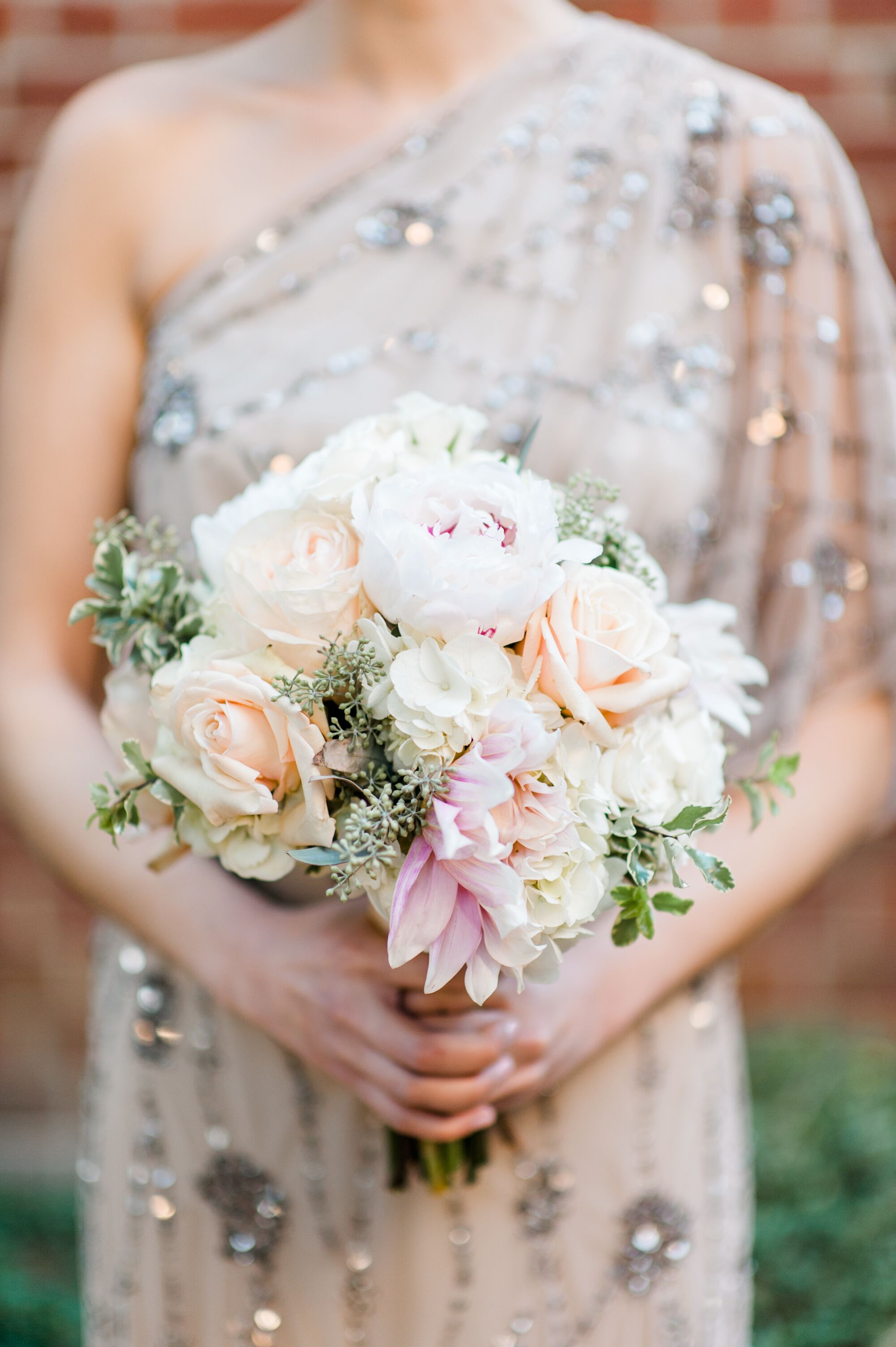 Mismatched Champagne and Gray Bridesmaid Gowns