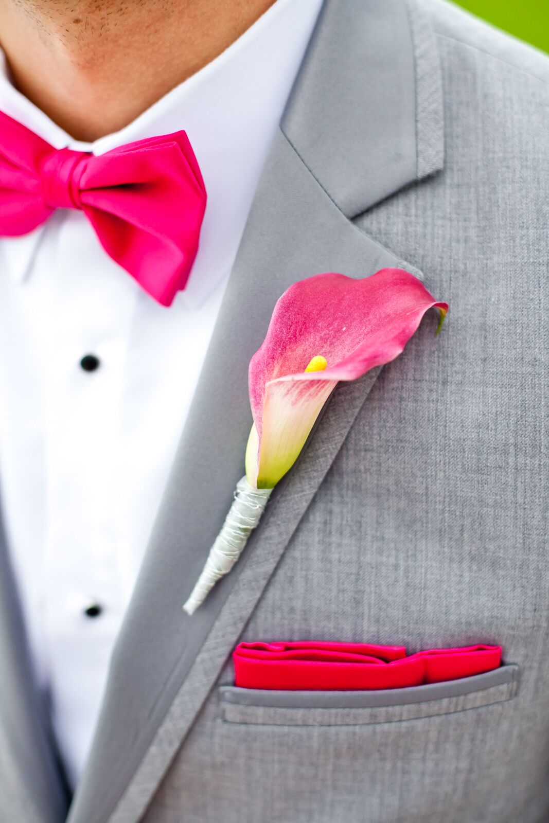 Gray Suit with Pink Bow Tie, Pocket Square, and Calla Lily Boutonniere