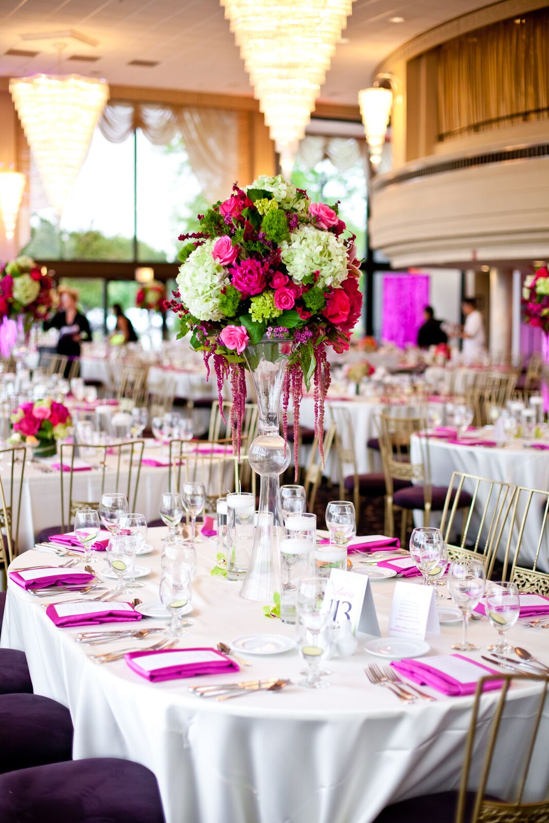 Tall Bright Pink and Green Centerpieces with Roses and Hydrangeas