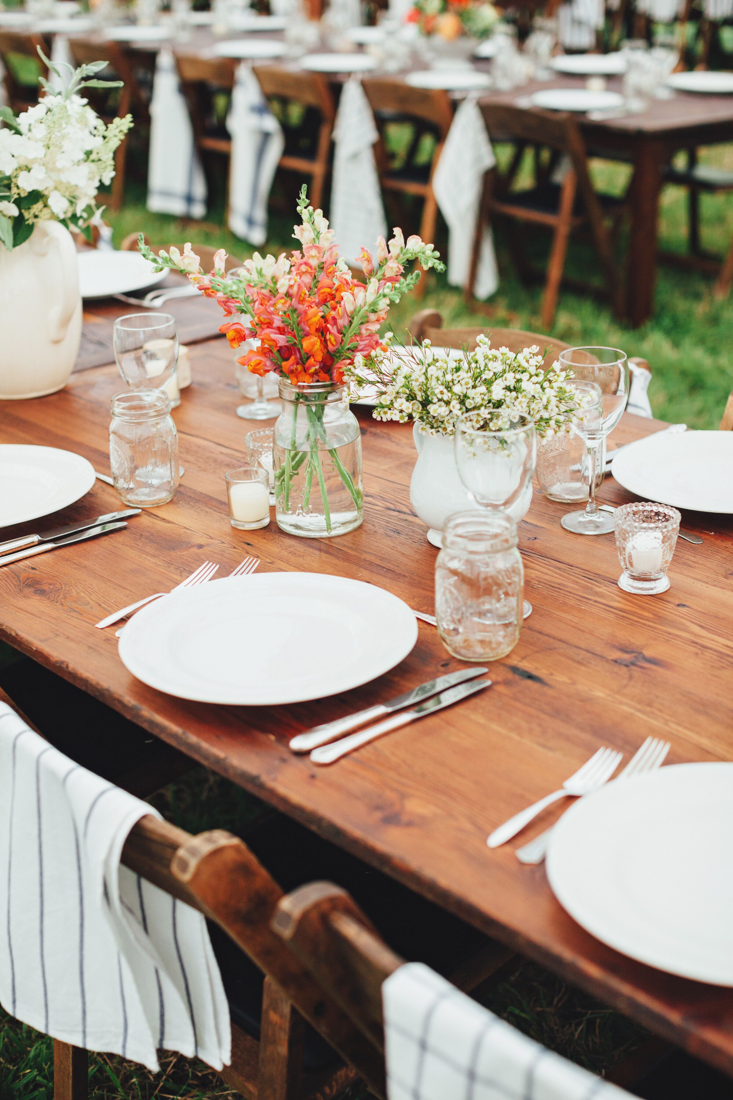 Rustic Country Dinner Tables and Wildflower Centerpieces