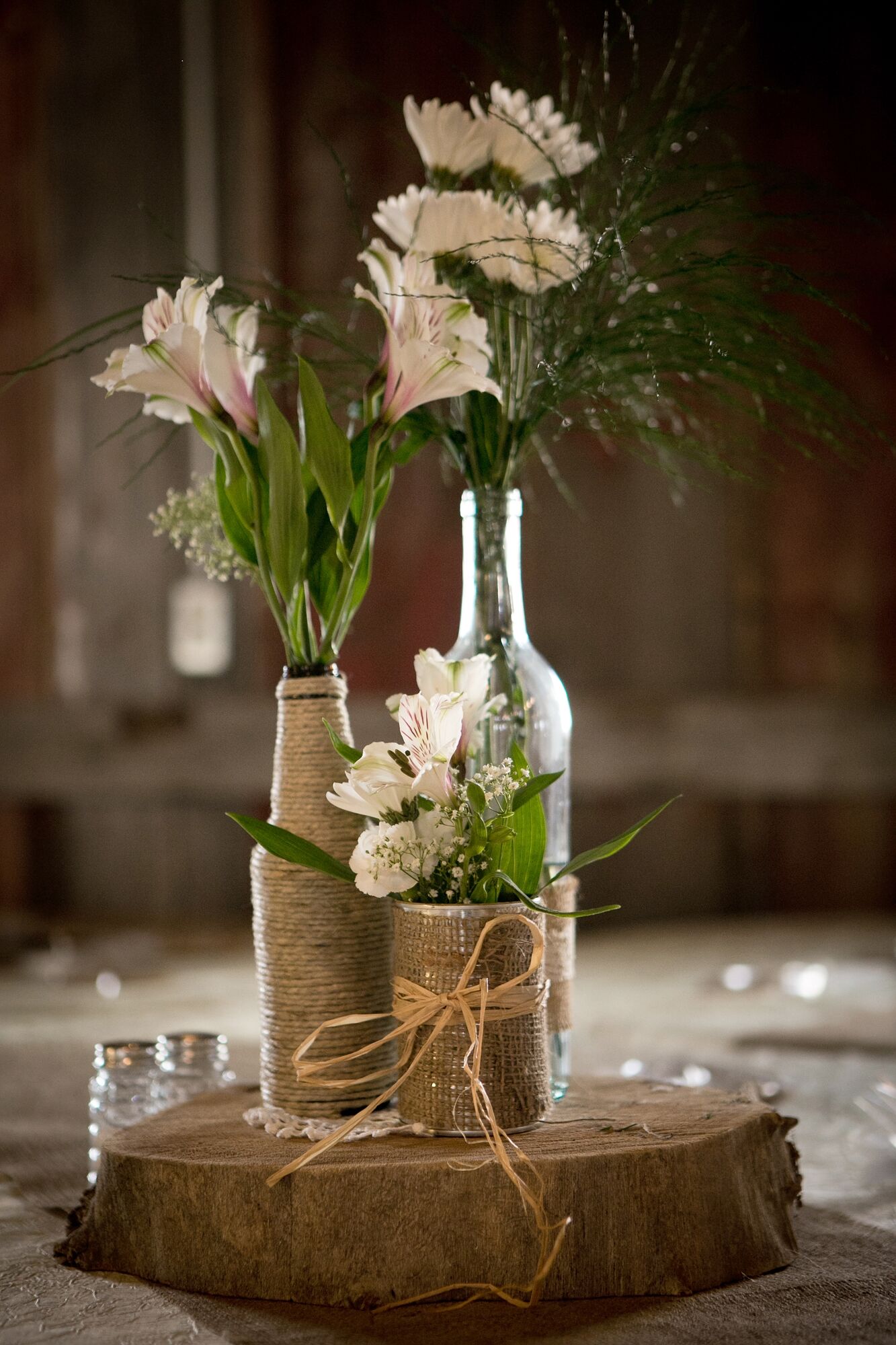 Rustic Centerpiece with Glass Bottles and Twine