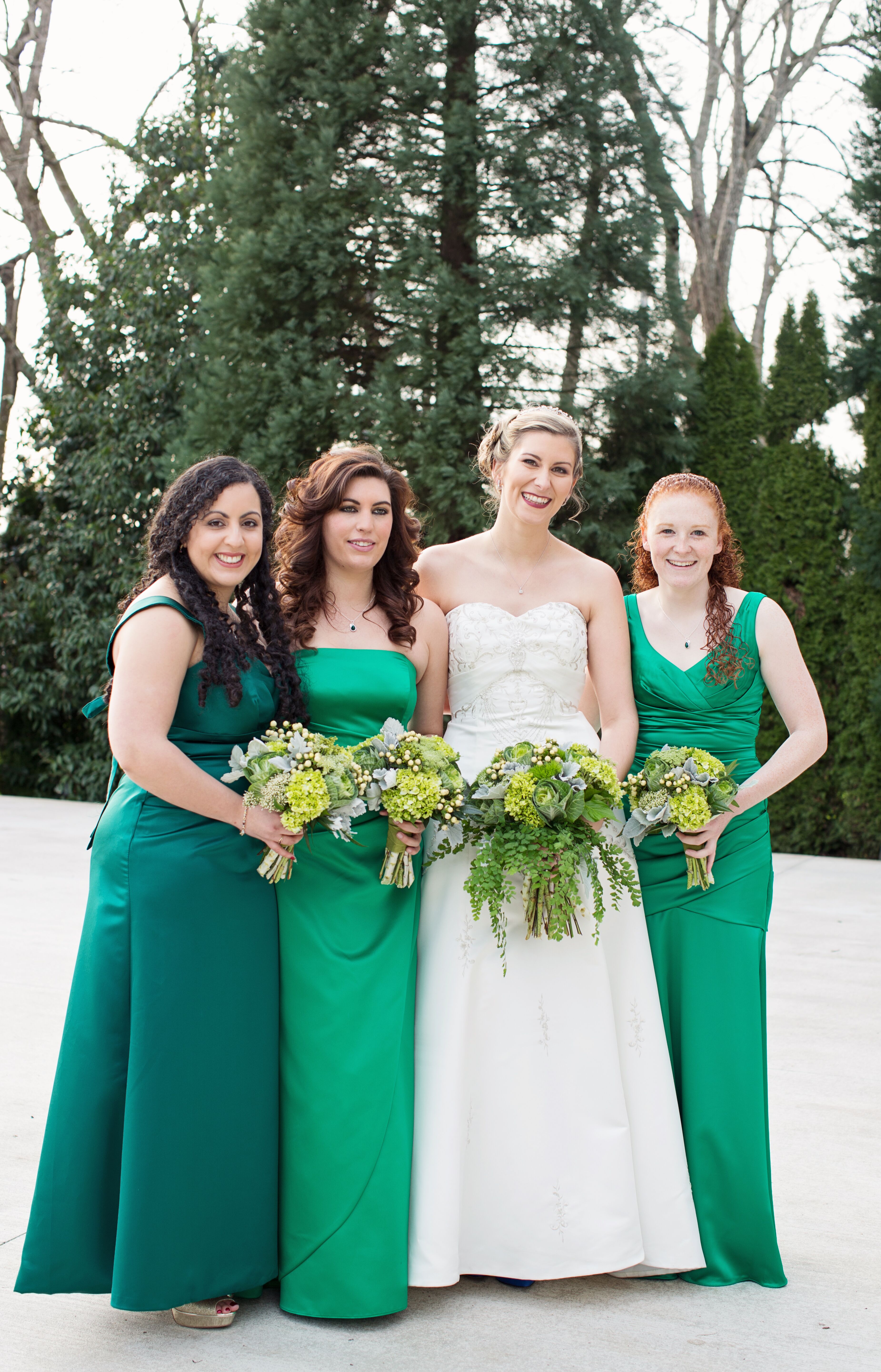 Emerald Green, Full Length, Mismatched Winter Bridesmaid