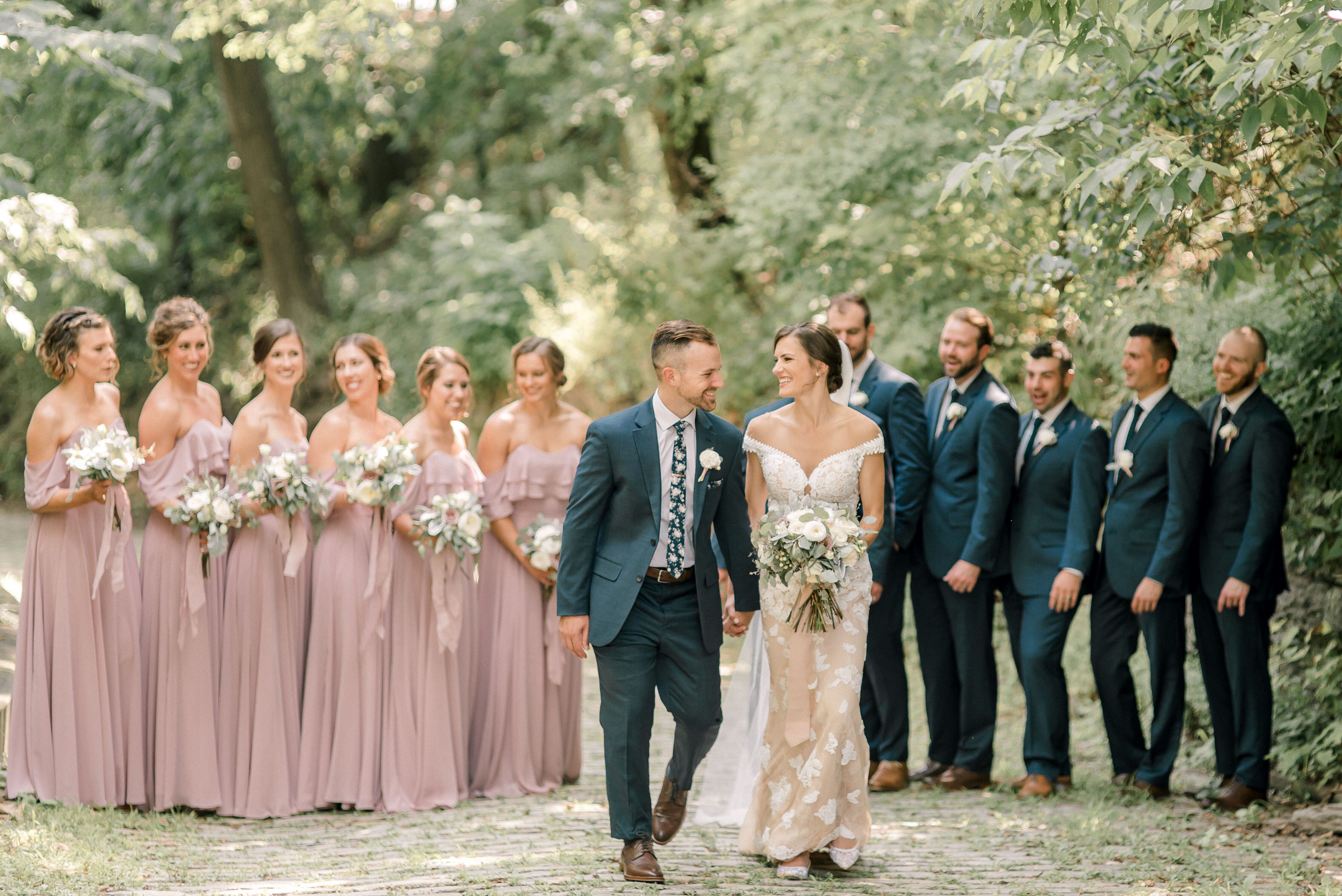 Rustic, Elegant Wedding Party with Dusty-Pink Dresses and Navy Suits