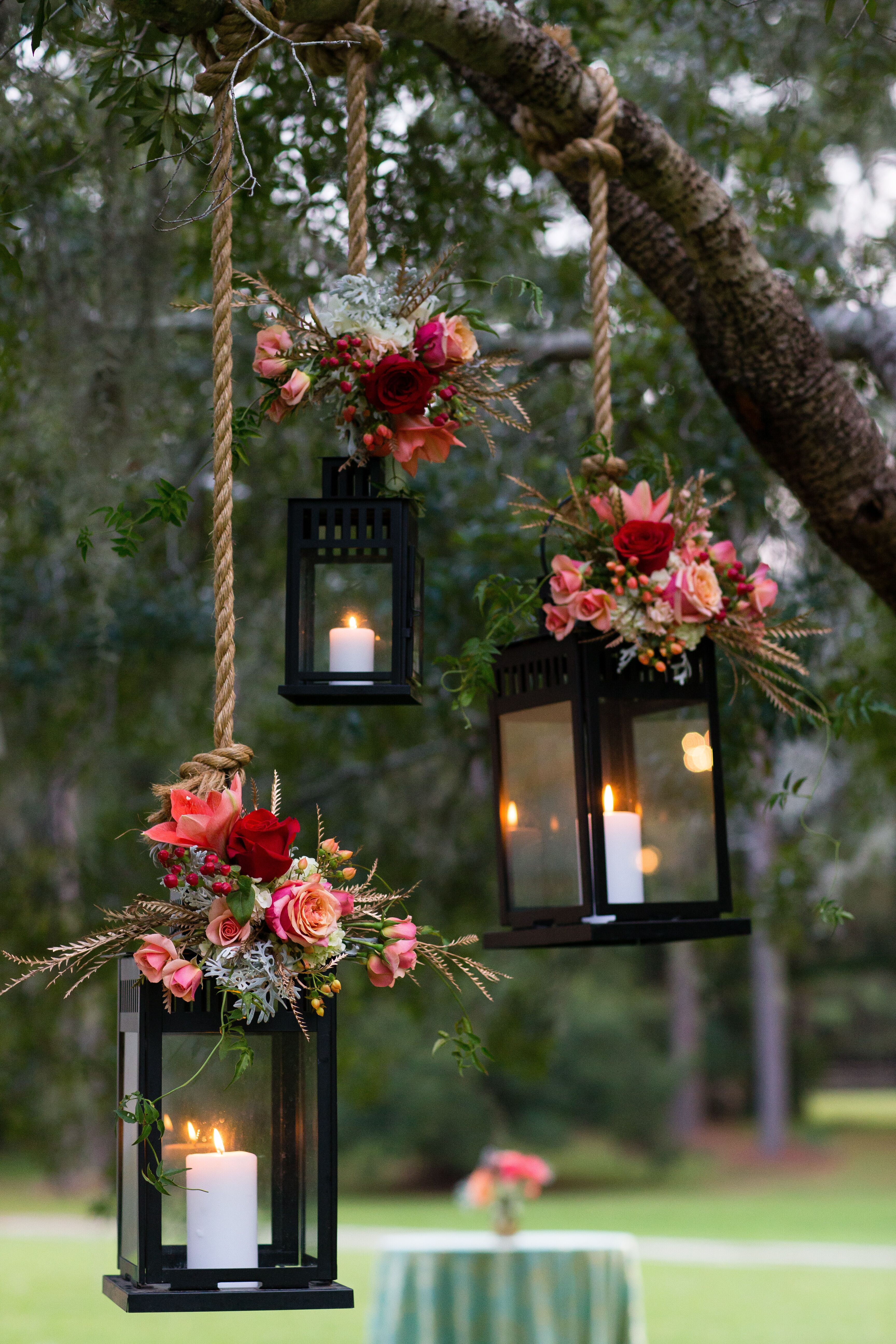 Pink Flower-Decorated Hanging Lantern Wedding Decor