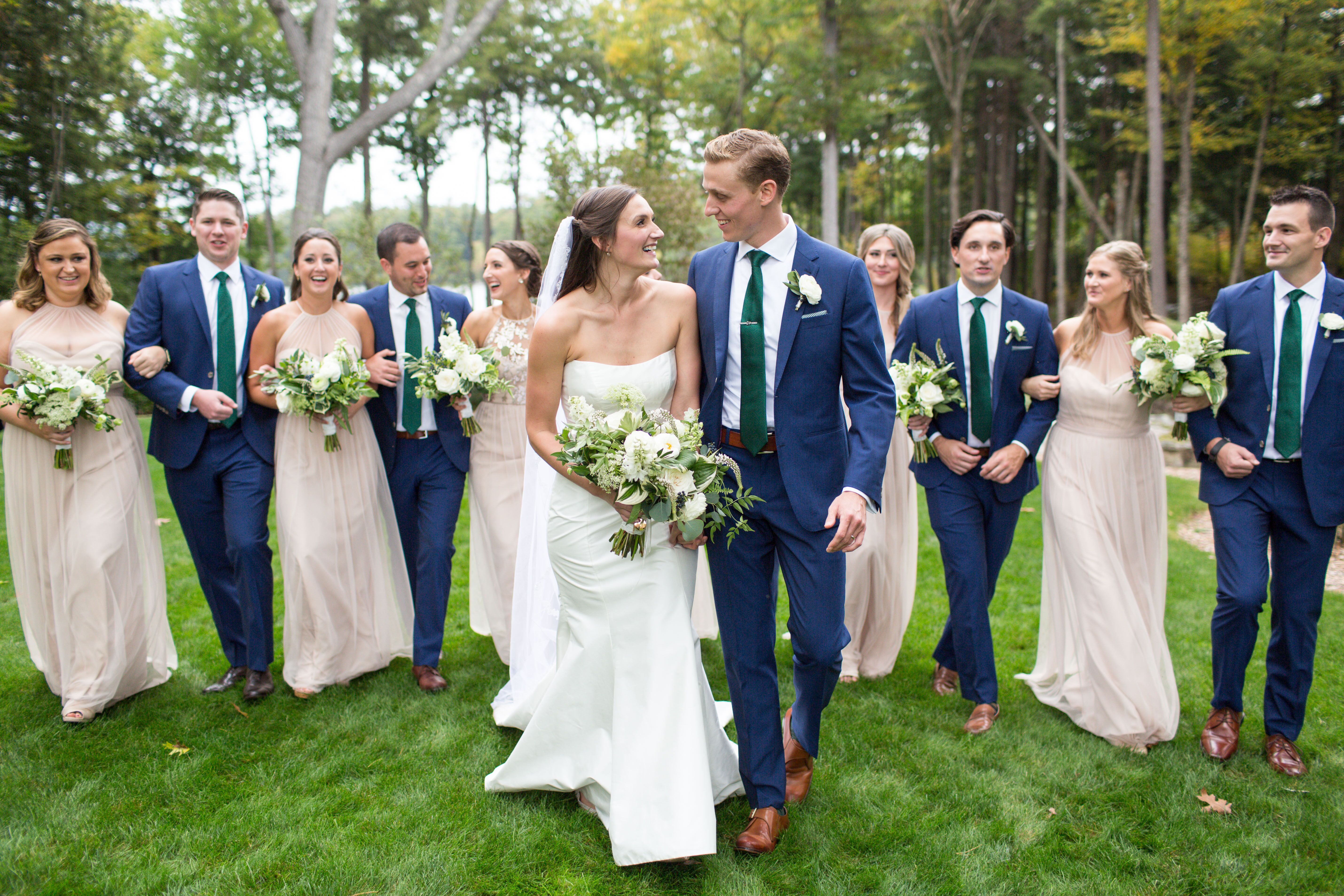 Wedding Party in Neutral Dresses and Blue Suits with Green Ties