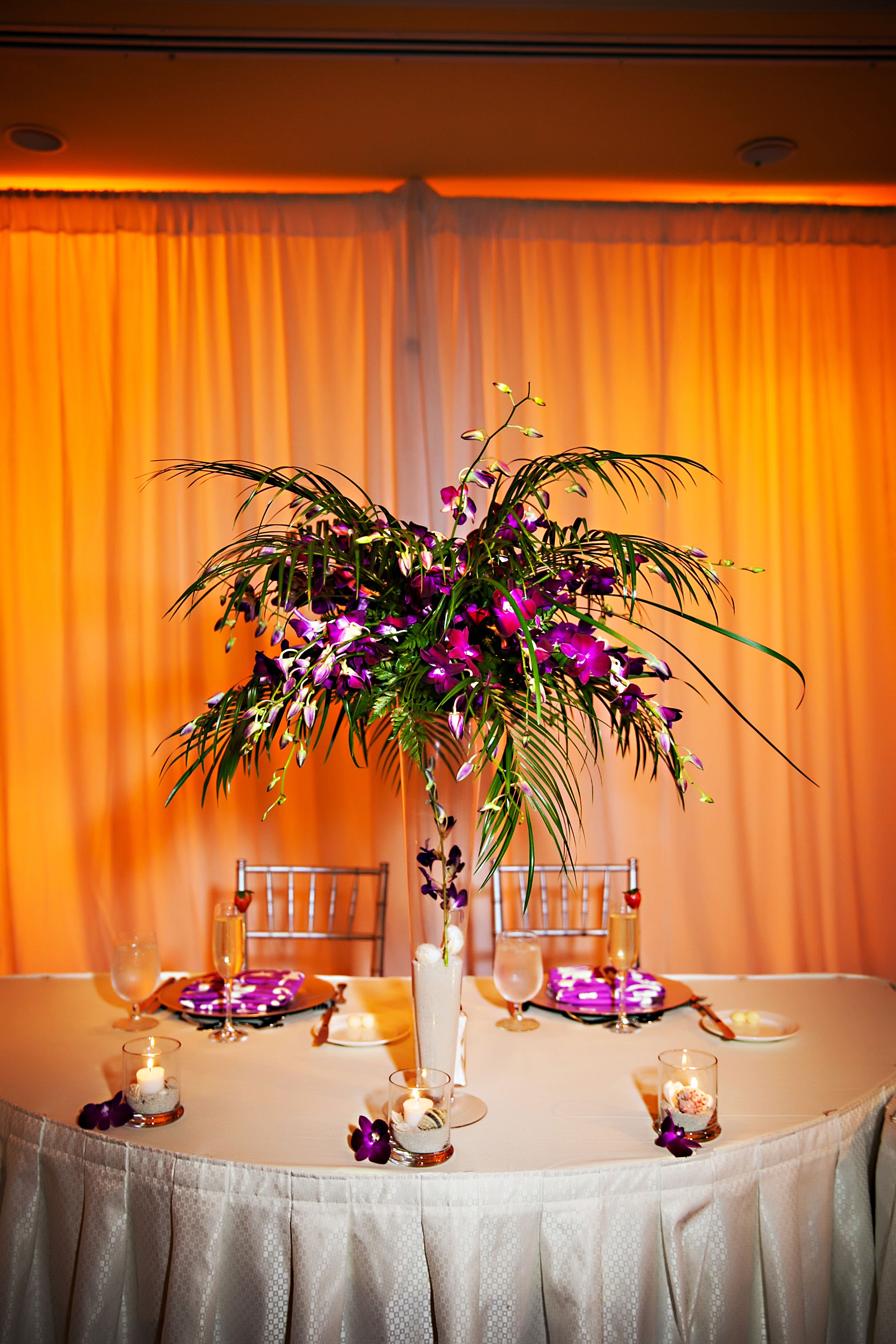 Tropical Purple and Palm Tree Leaf Centerpiece