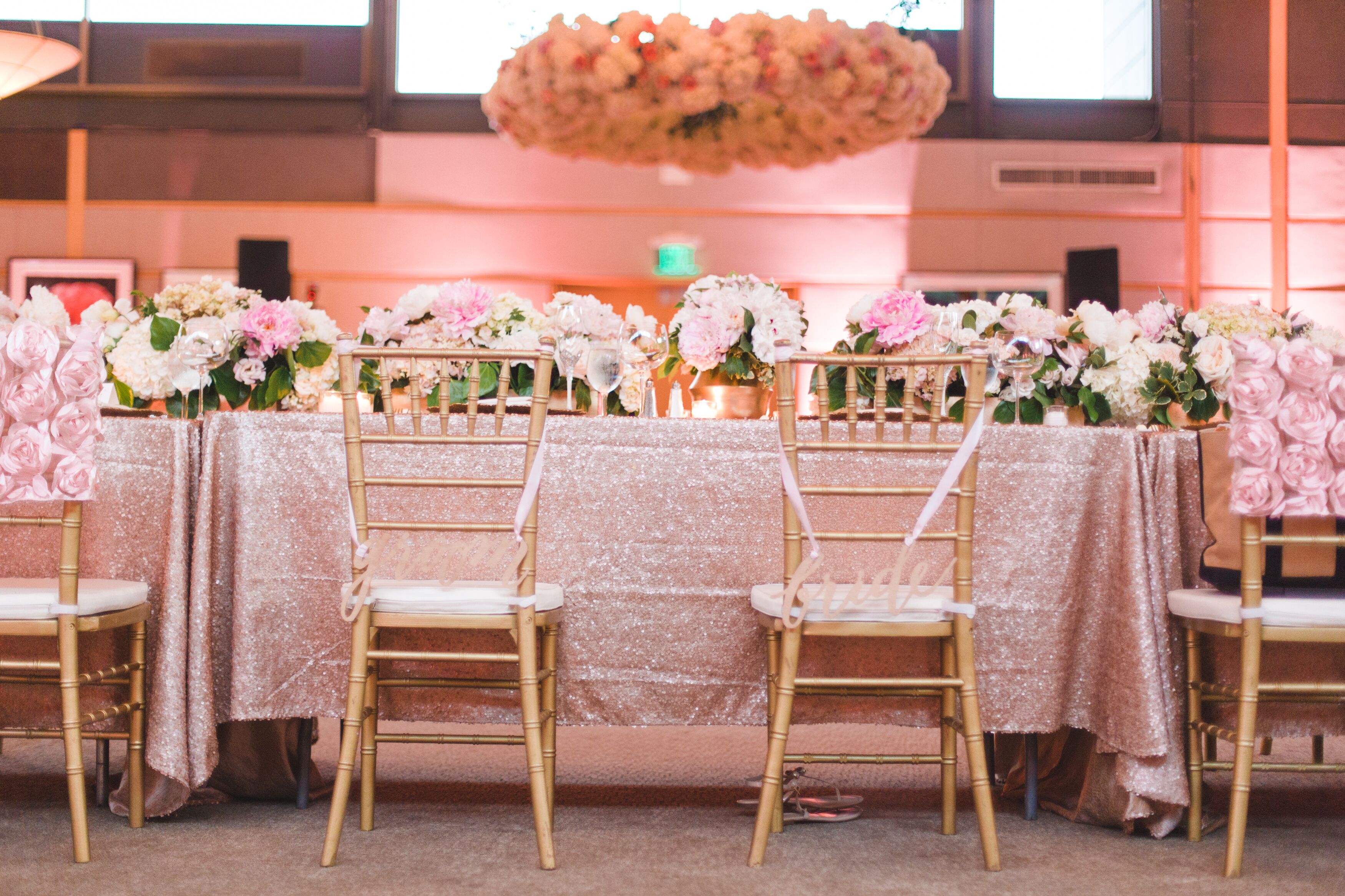 Sparkly Blush Table Linen With Peony Runner