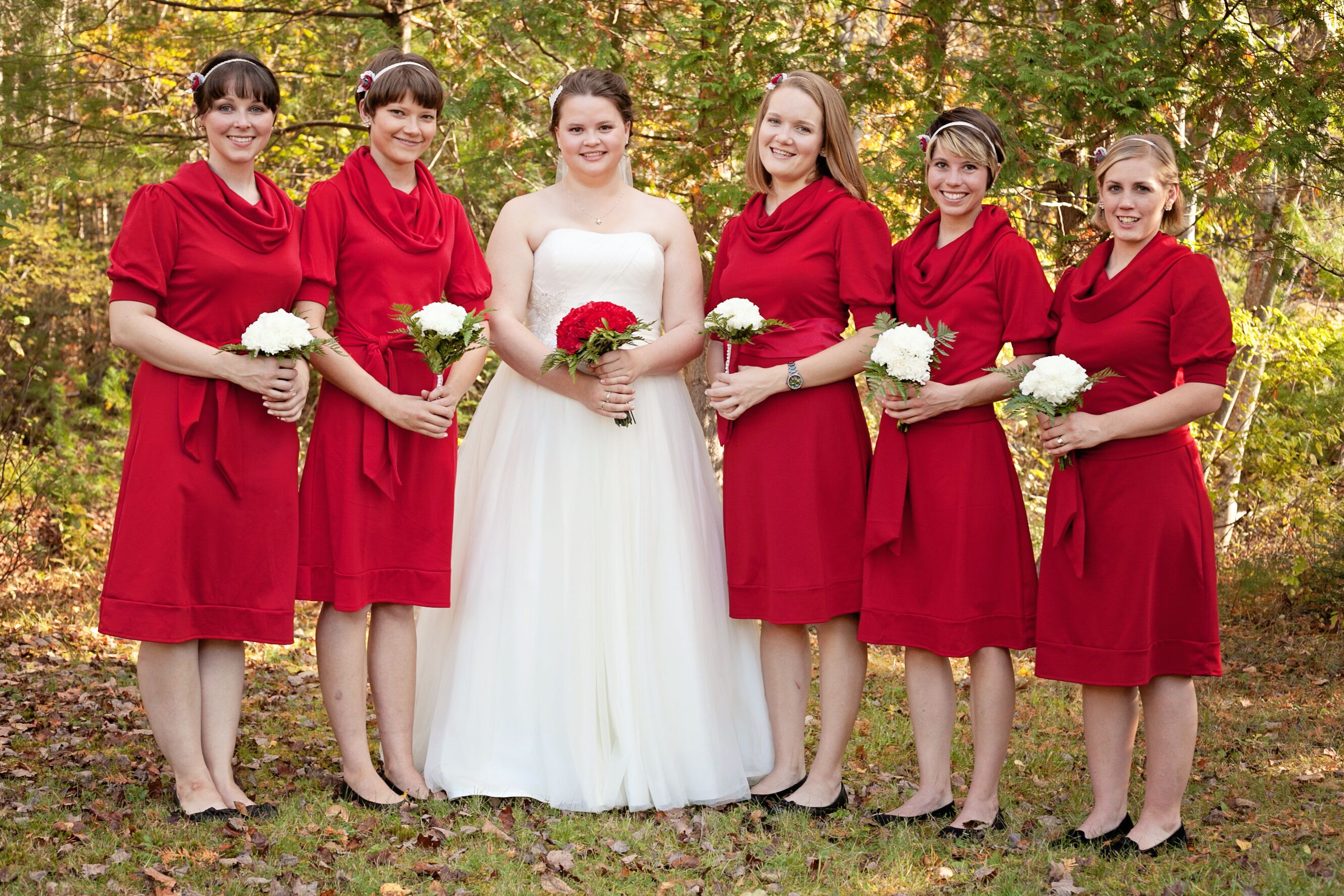 Bright red store bridesmaid dresses