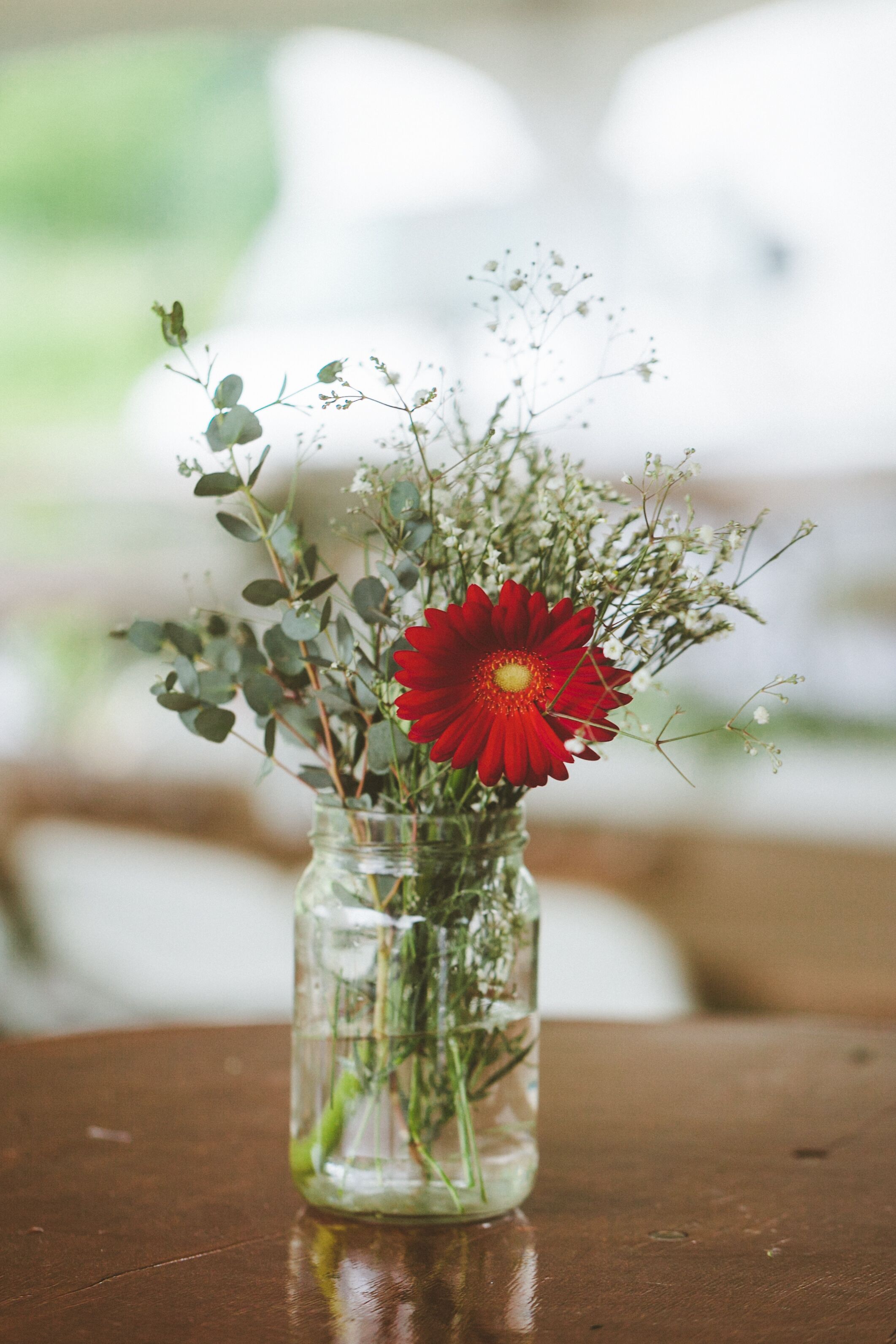 Red Gerbera Daisy And Baby S Breath Centerpiece