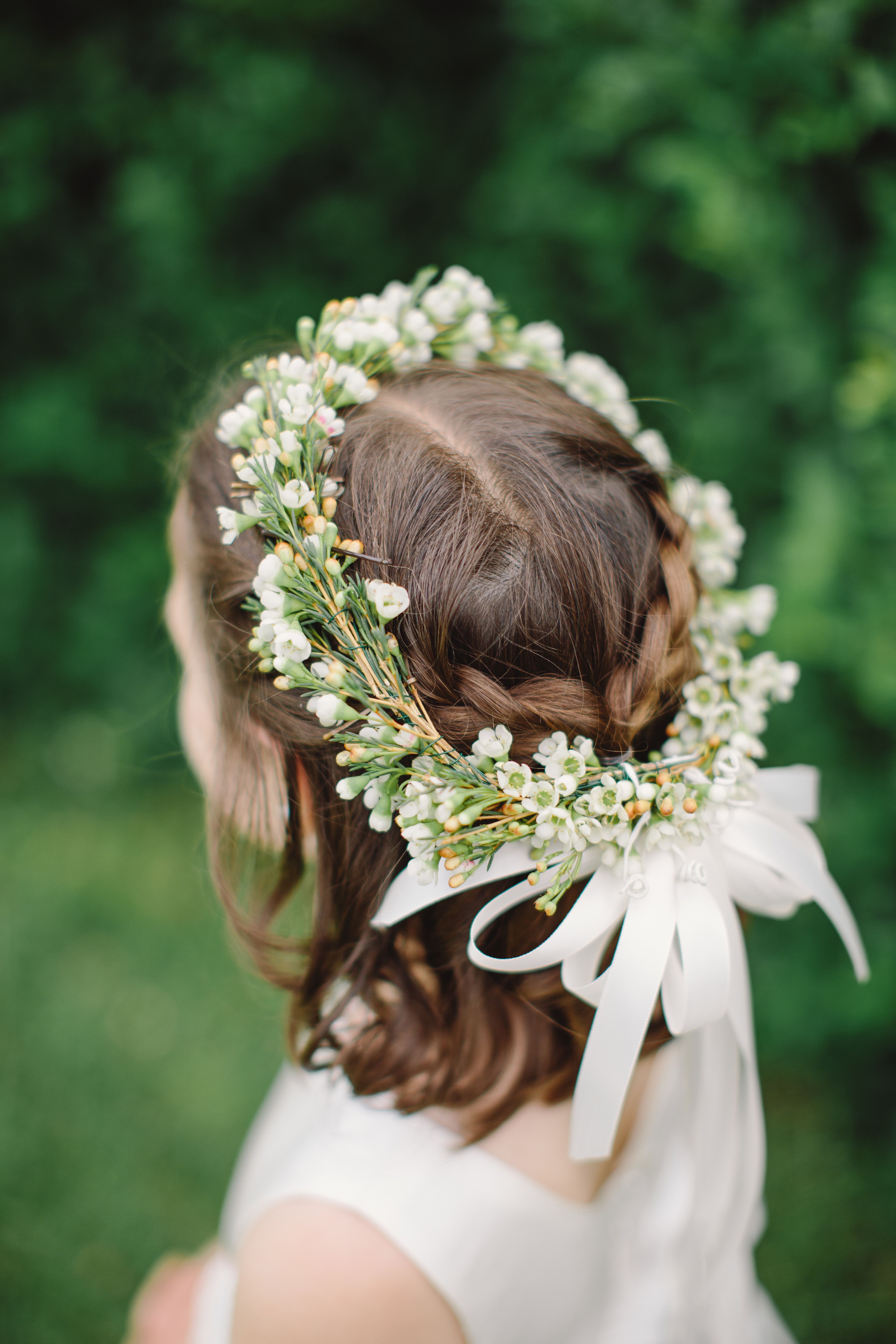 Flower Girl Flower Crown with White Ribbon