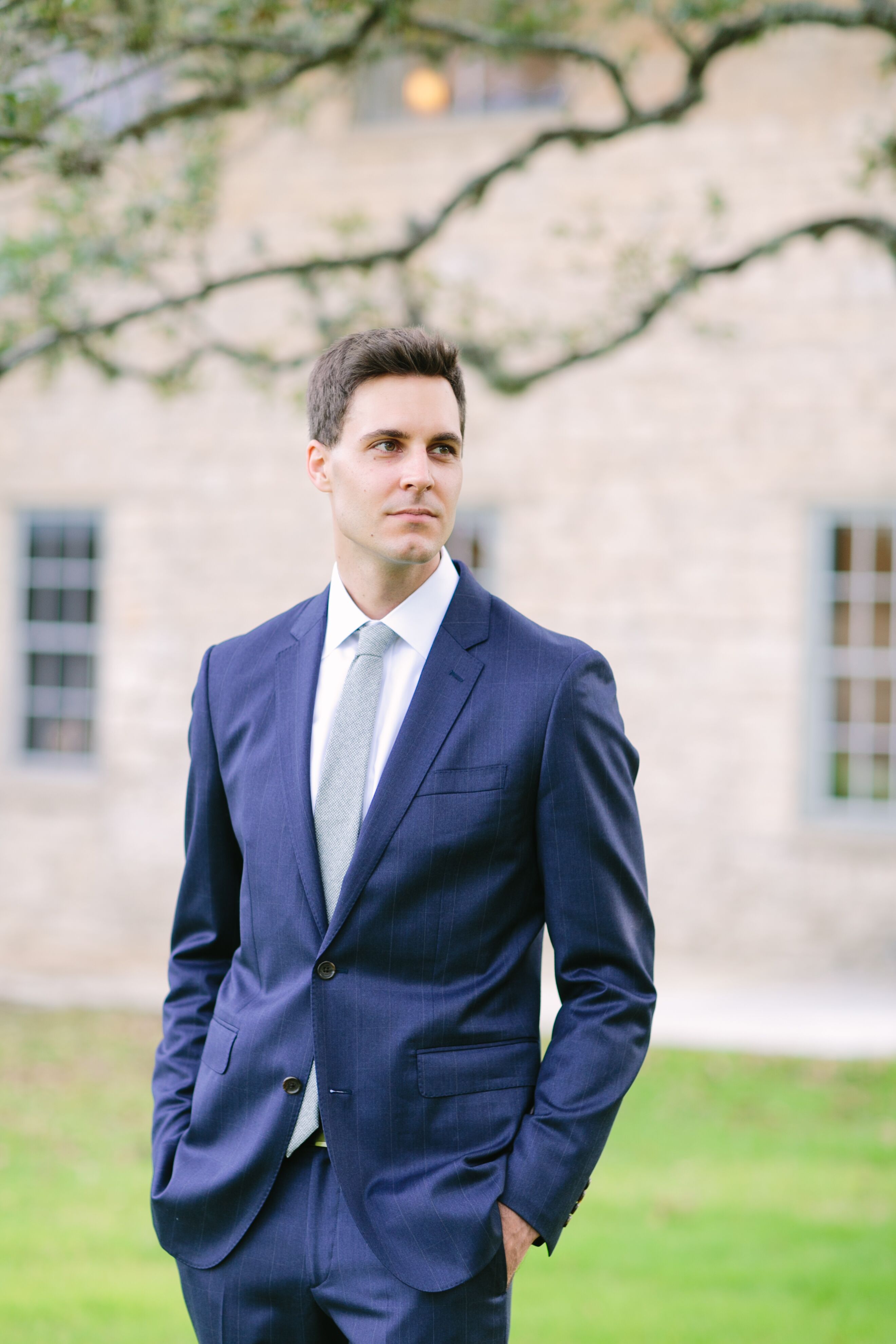 Navy Bonobos Grooms Suit with Gray Herringbone Wool Tie