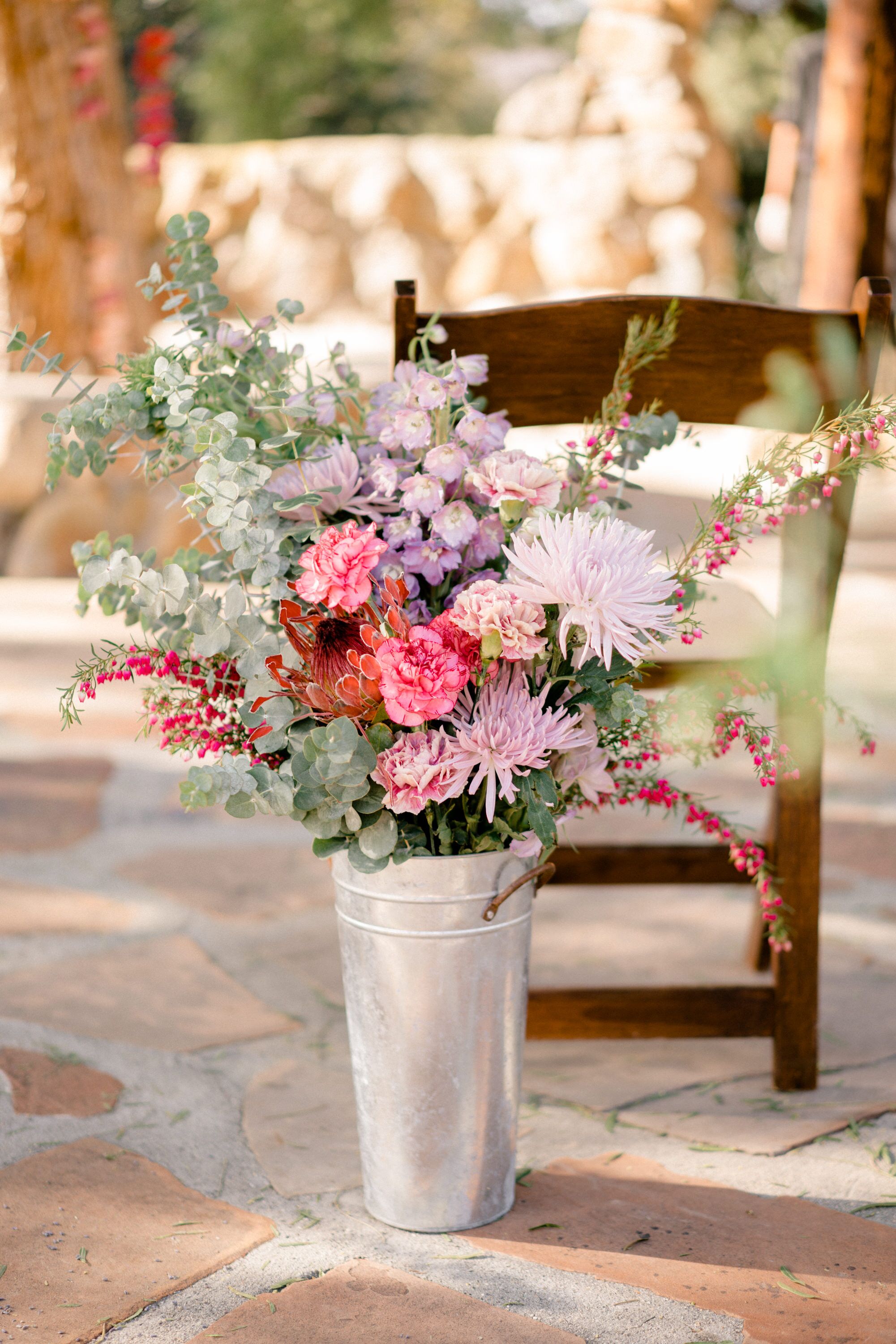 Eucalyptus, Delphinium and Chrysanthemum Arrangement in Galvanized Vase