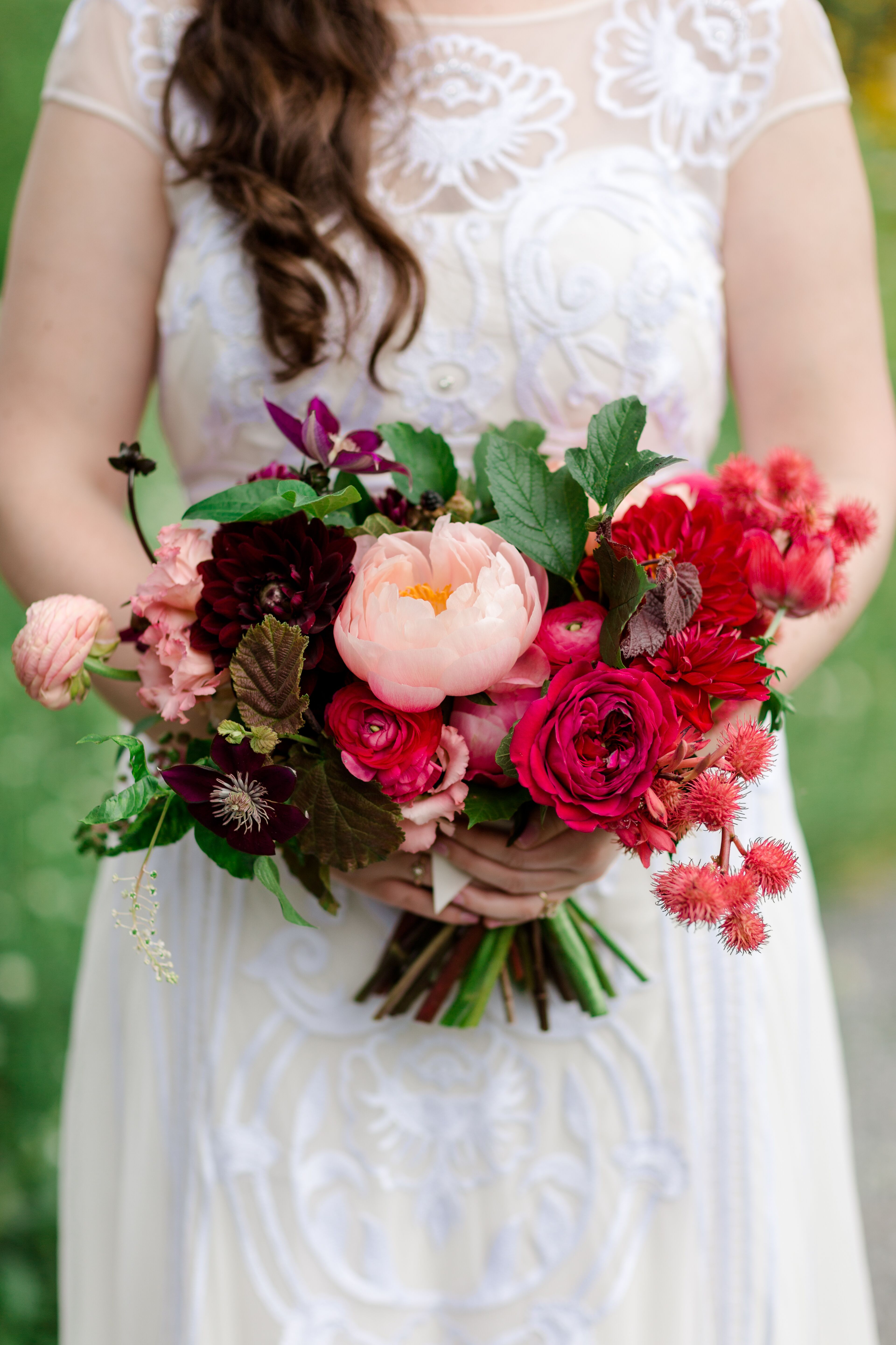 Bright Bouquet with Peonies, Garden Roses, Clematis and Thistle