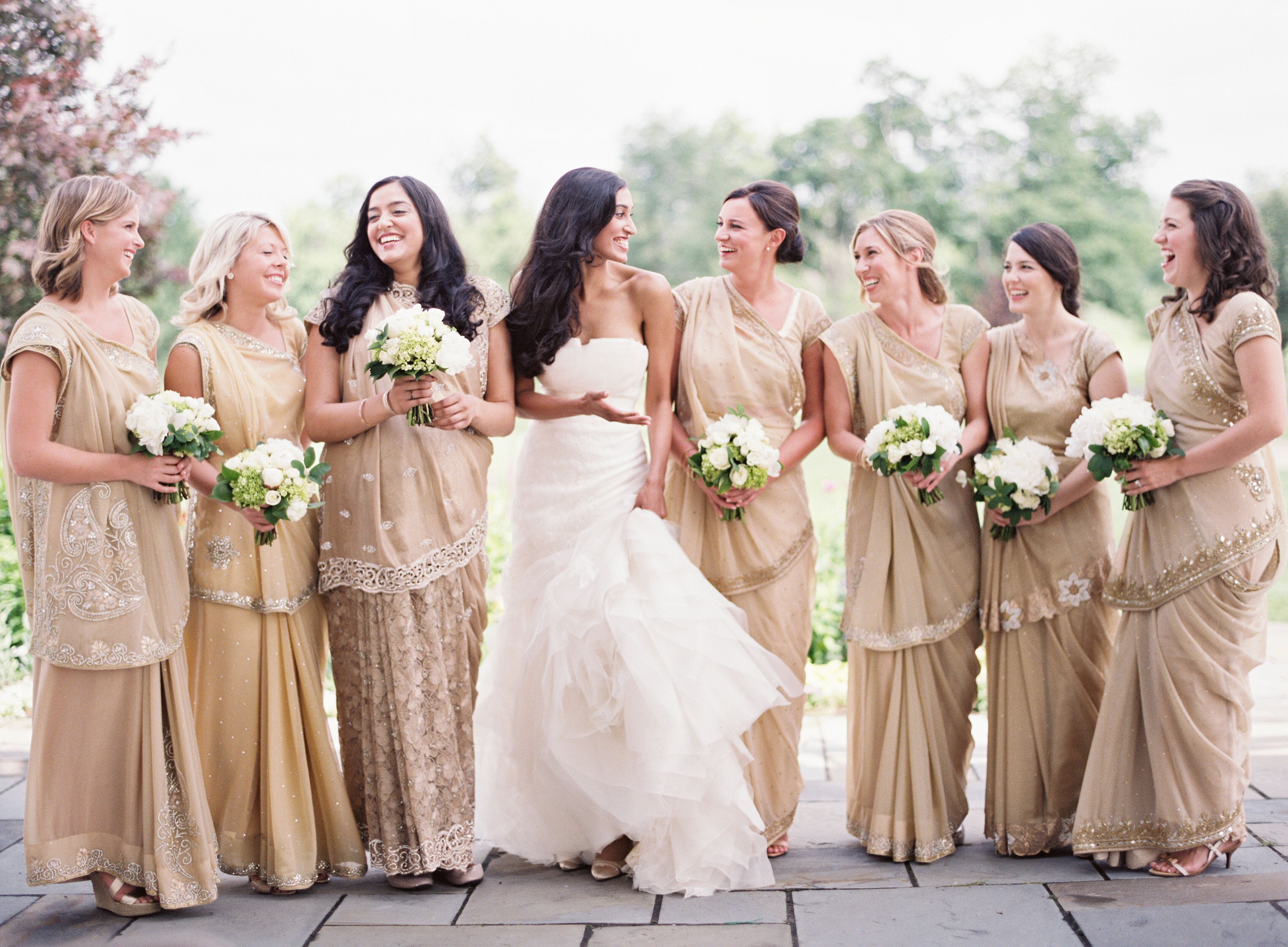 Cream Colored Bridesmaid Sarees with Beaded Details