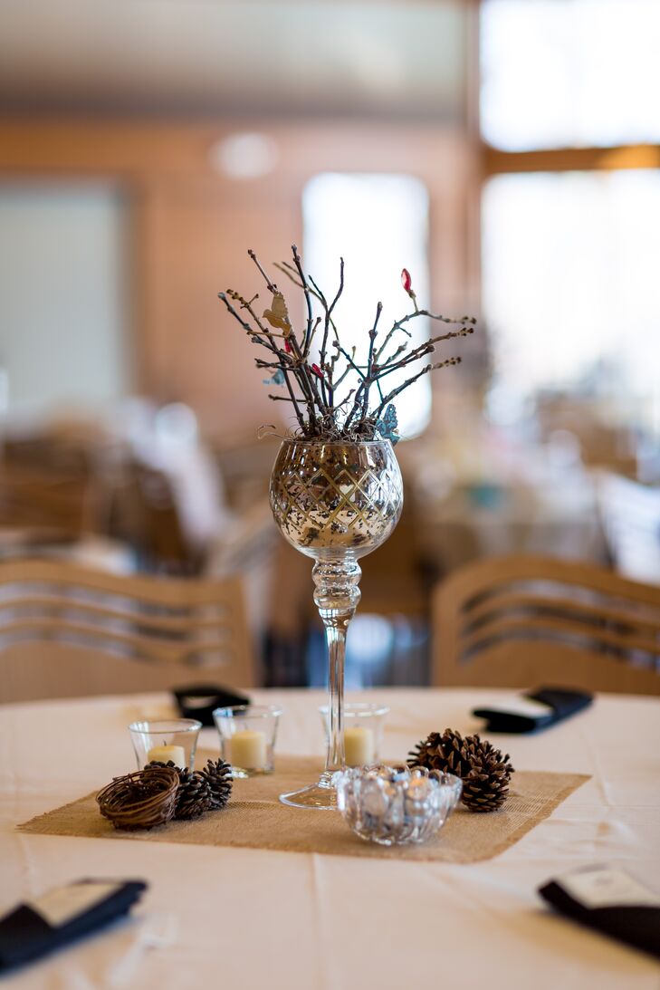 Rustic Wine Glass Centerpieces with Pinecones and Branches