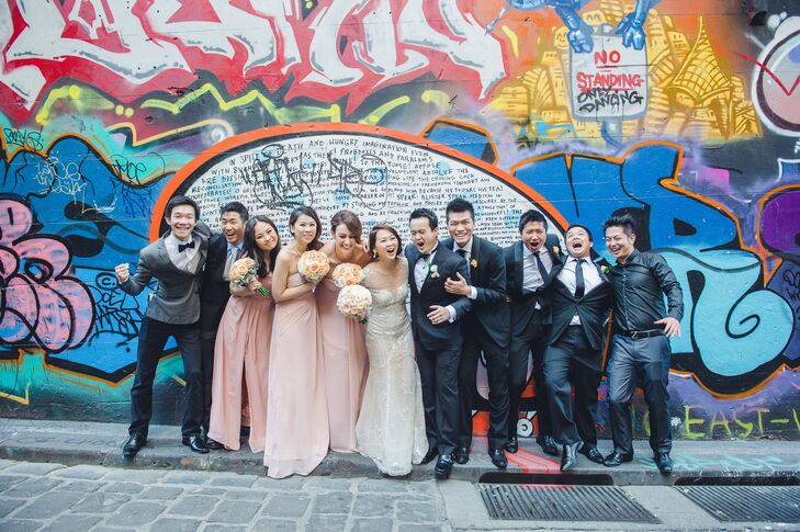 Wedding Party in Front of Graffiti Wall