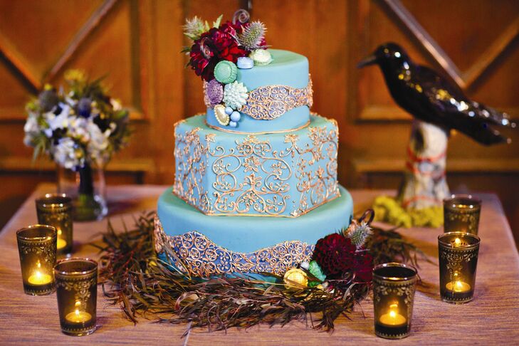 Light Blue and Gold Wedding Cake