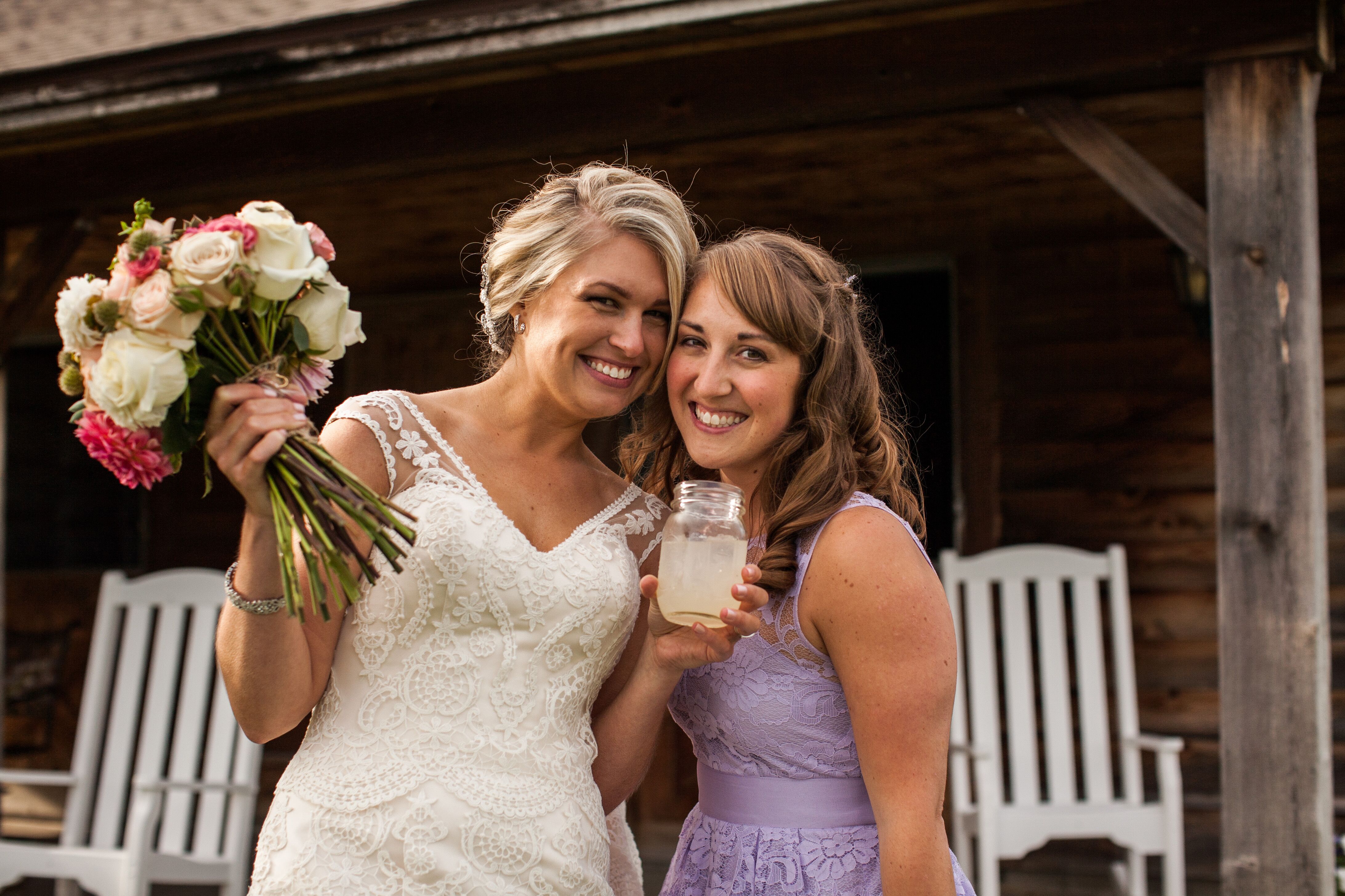 Lavender Bridesmaid and Pink and Cream Rose and Succulent Bridal Bouquet