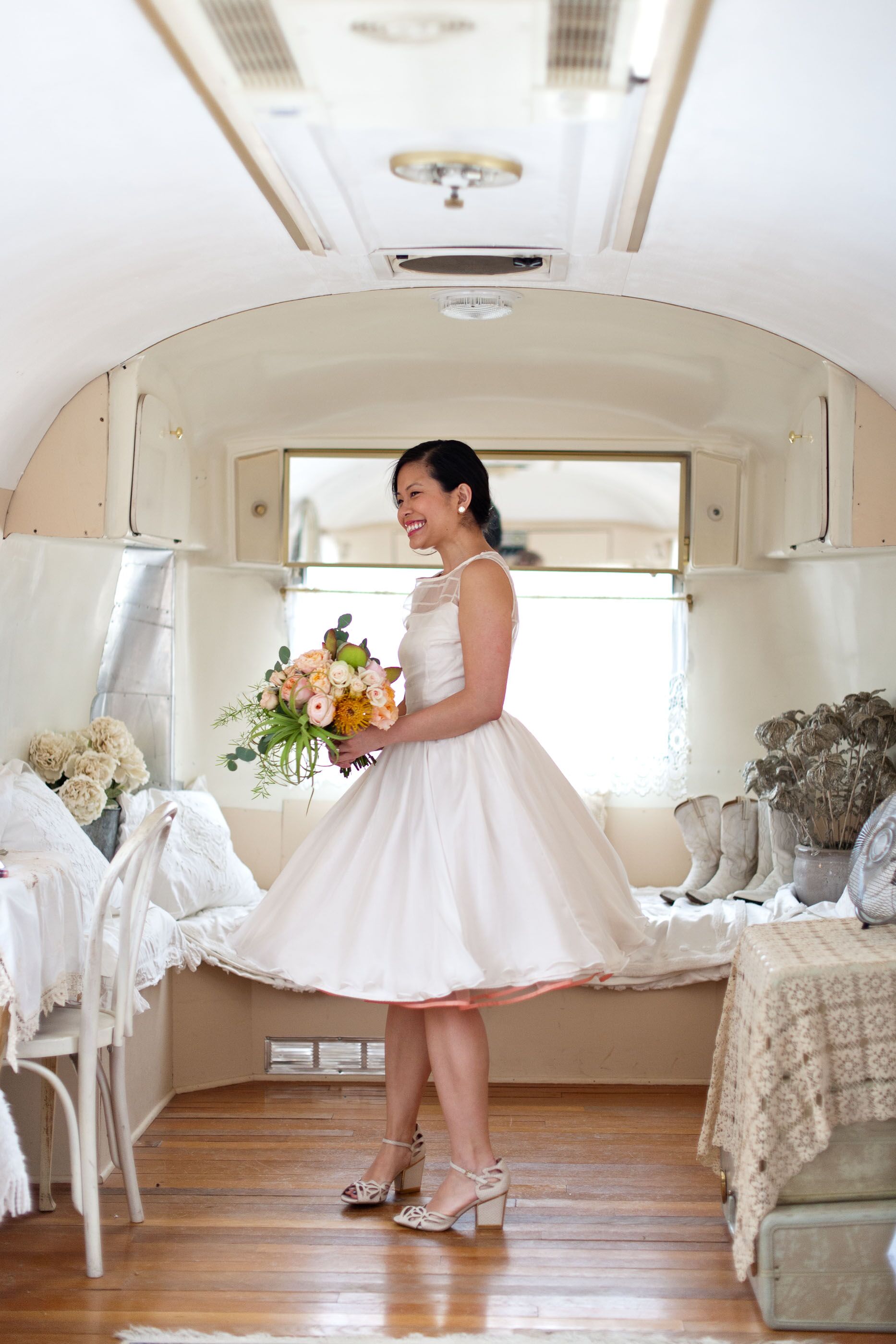 Whimsical Short White Wedding Dress with Peach Petticoat