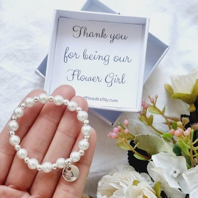 Personalised Flower Girl Wedding Bracelet - Engraved Charm Gift Any Text