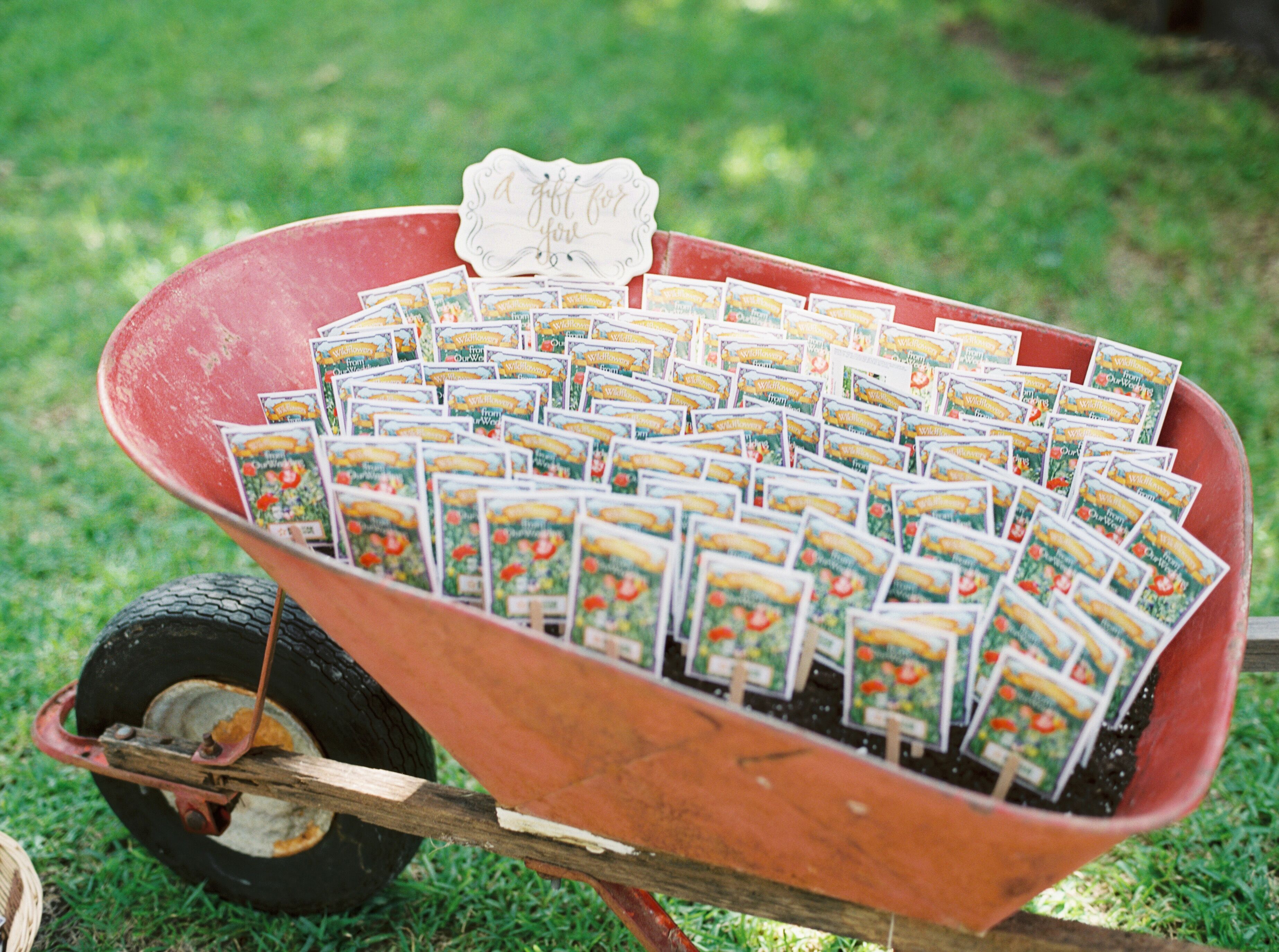 Packs of Seeds as Party Favors in Wheelbarrow