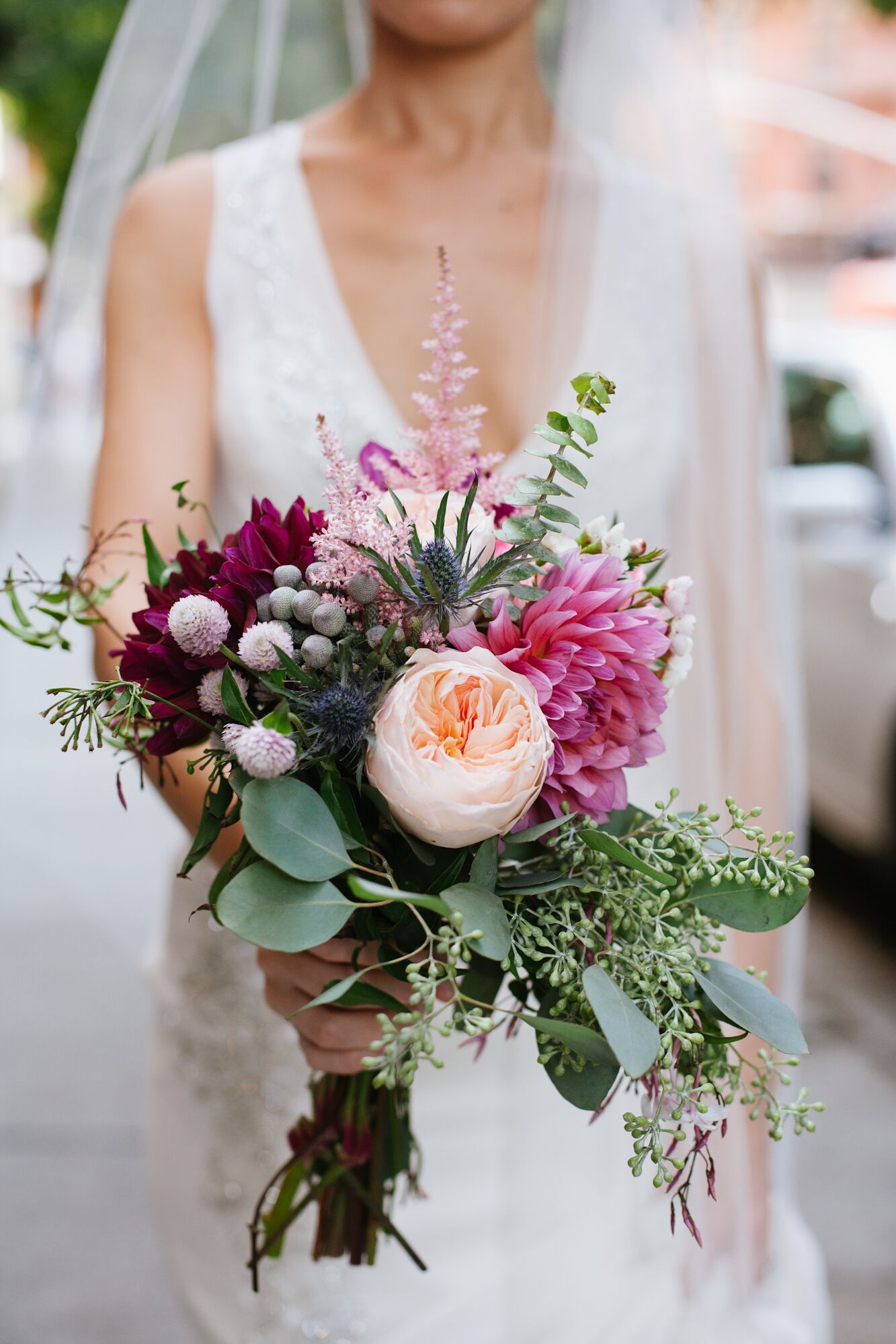 Seeded Eucalyptus Dahlia Astilbe and Thistle Bridal Bouquet