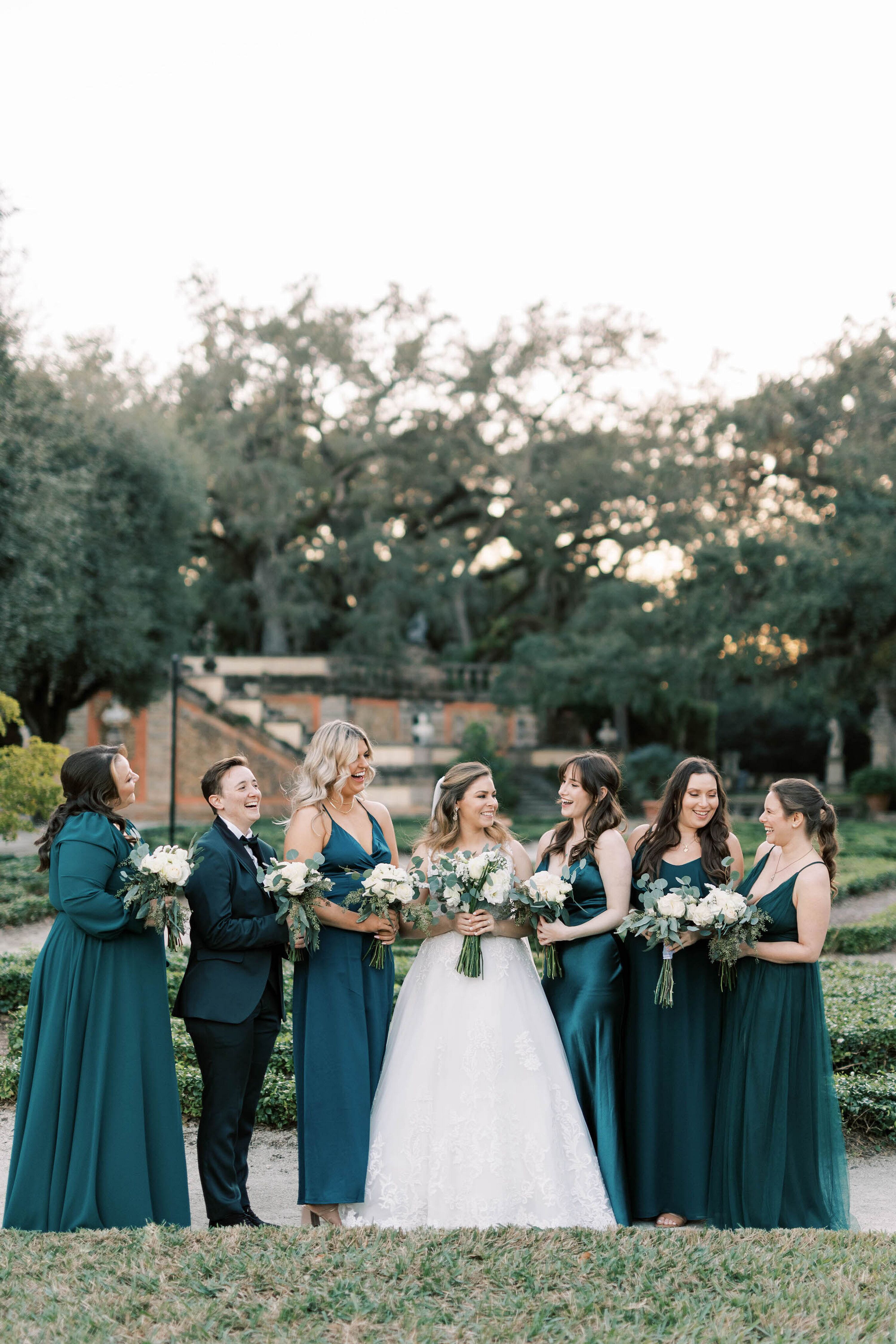 Bride With Bridesmaids/Wedding Party in Emerald Green Gowns and Suits ...