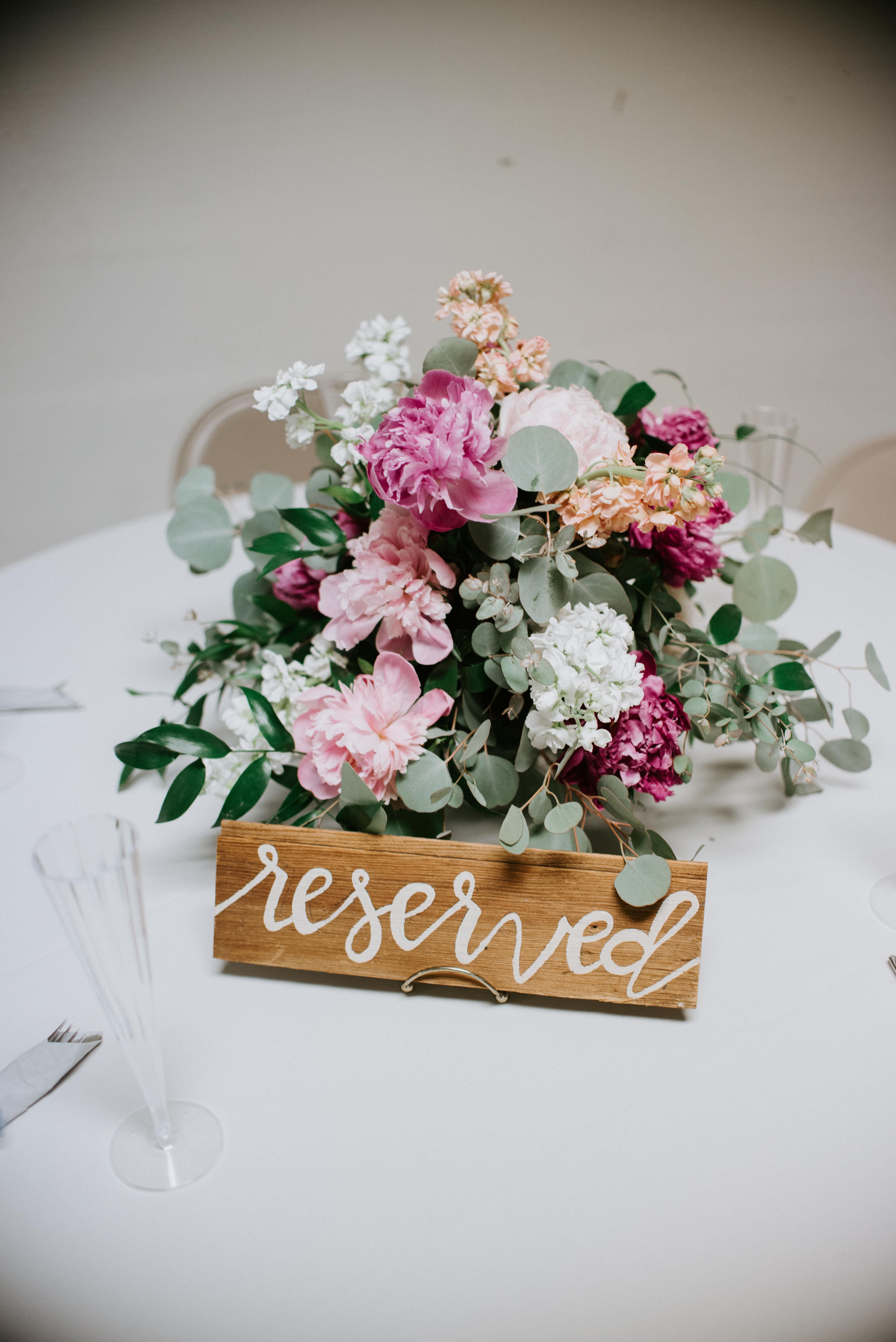 Stock, Peony and Eucalyptus Centerpieces with DIY Signage