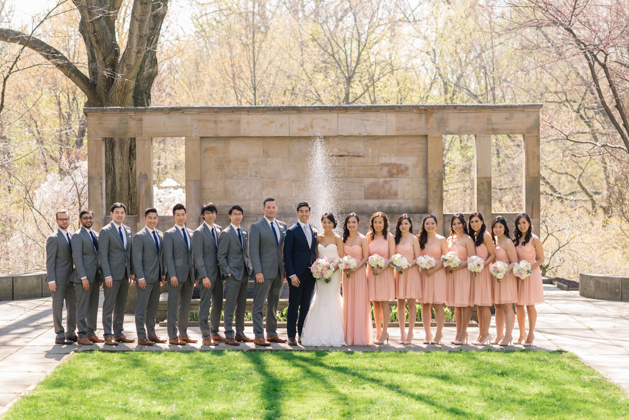 grey and pink bridal party