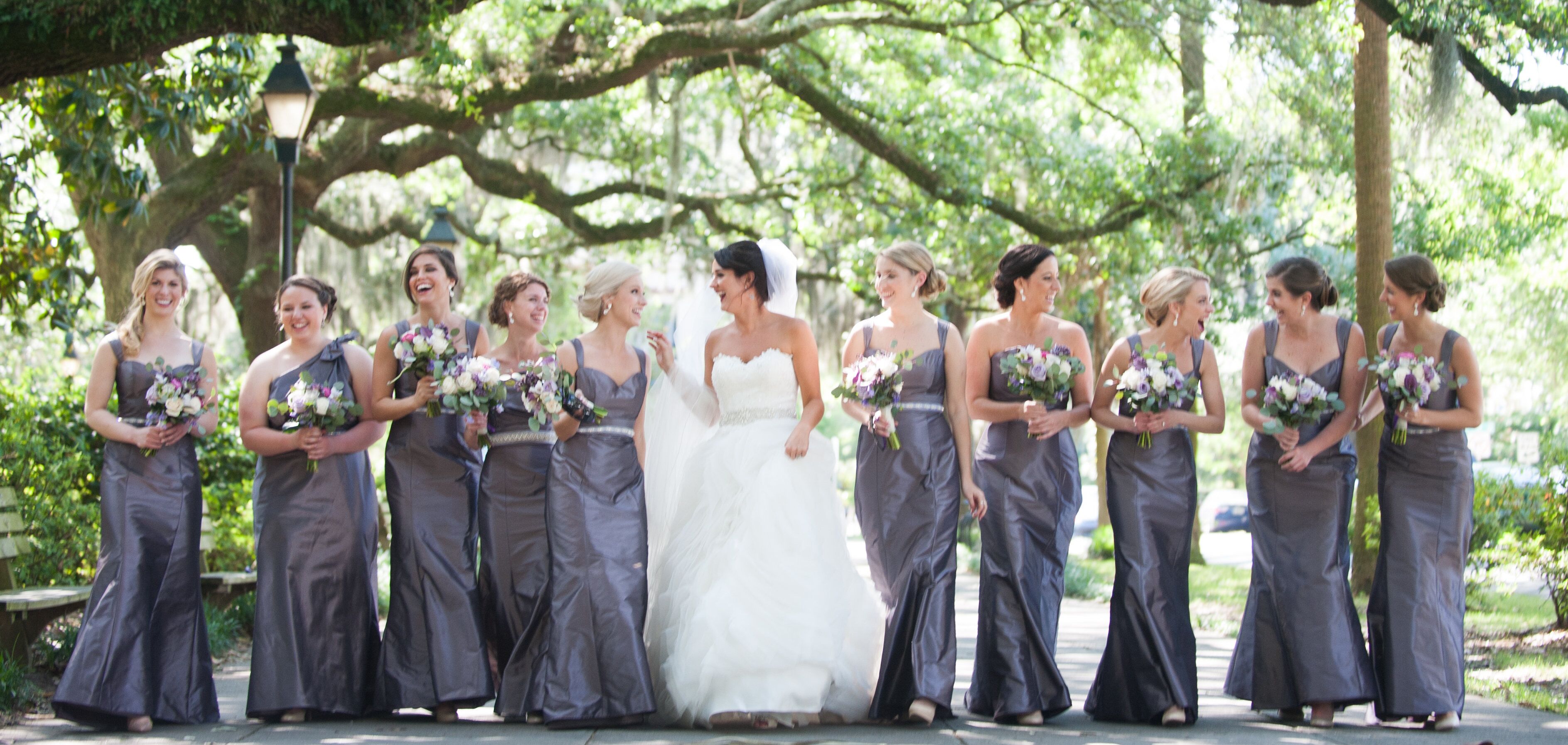 Metallic Gray Purple Long Bridesmaid Dresses