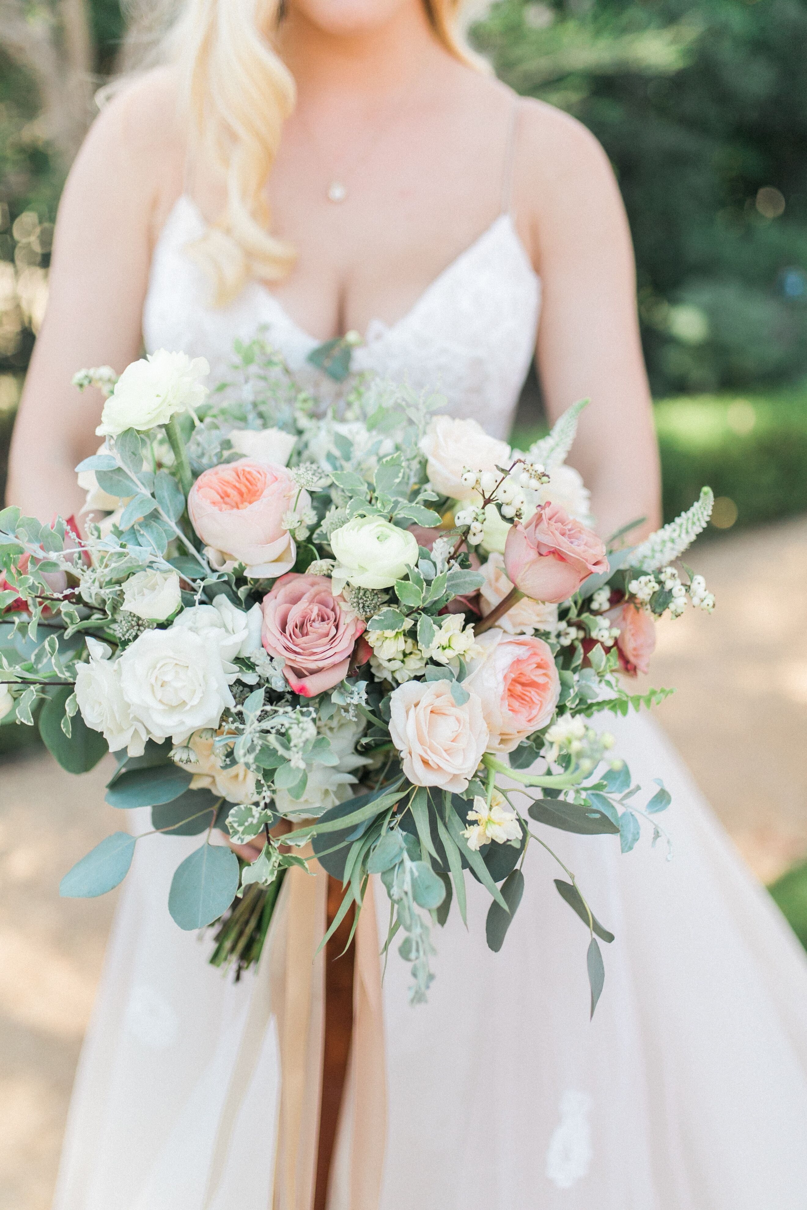 Earthy Bridal Bouquet With Blush and Cream Roses