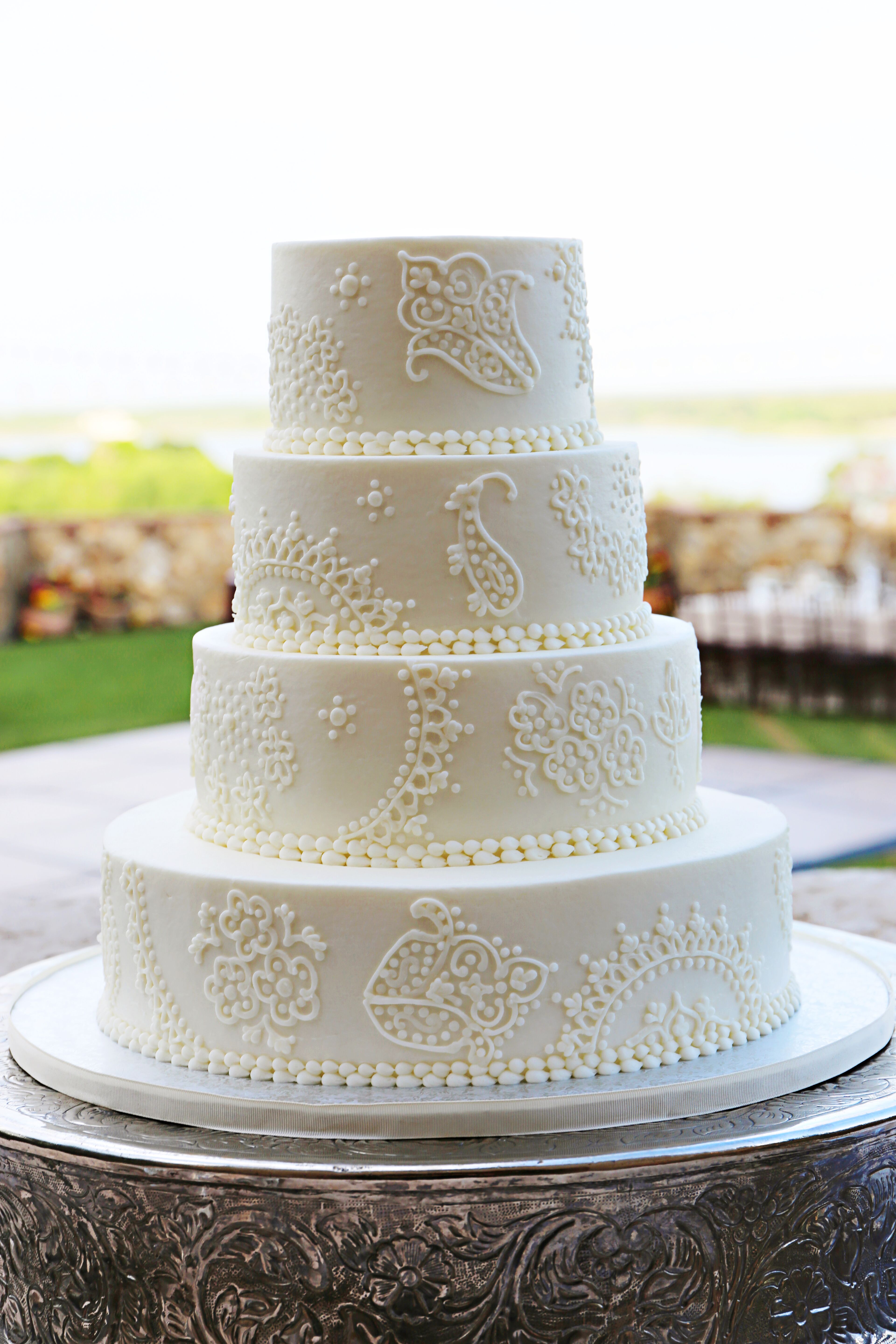 White Lace Scroll Detailed Buttercream Wedding Cake