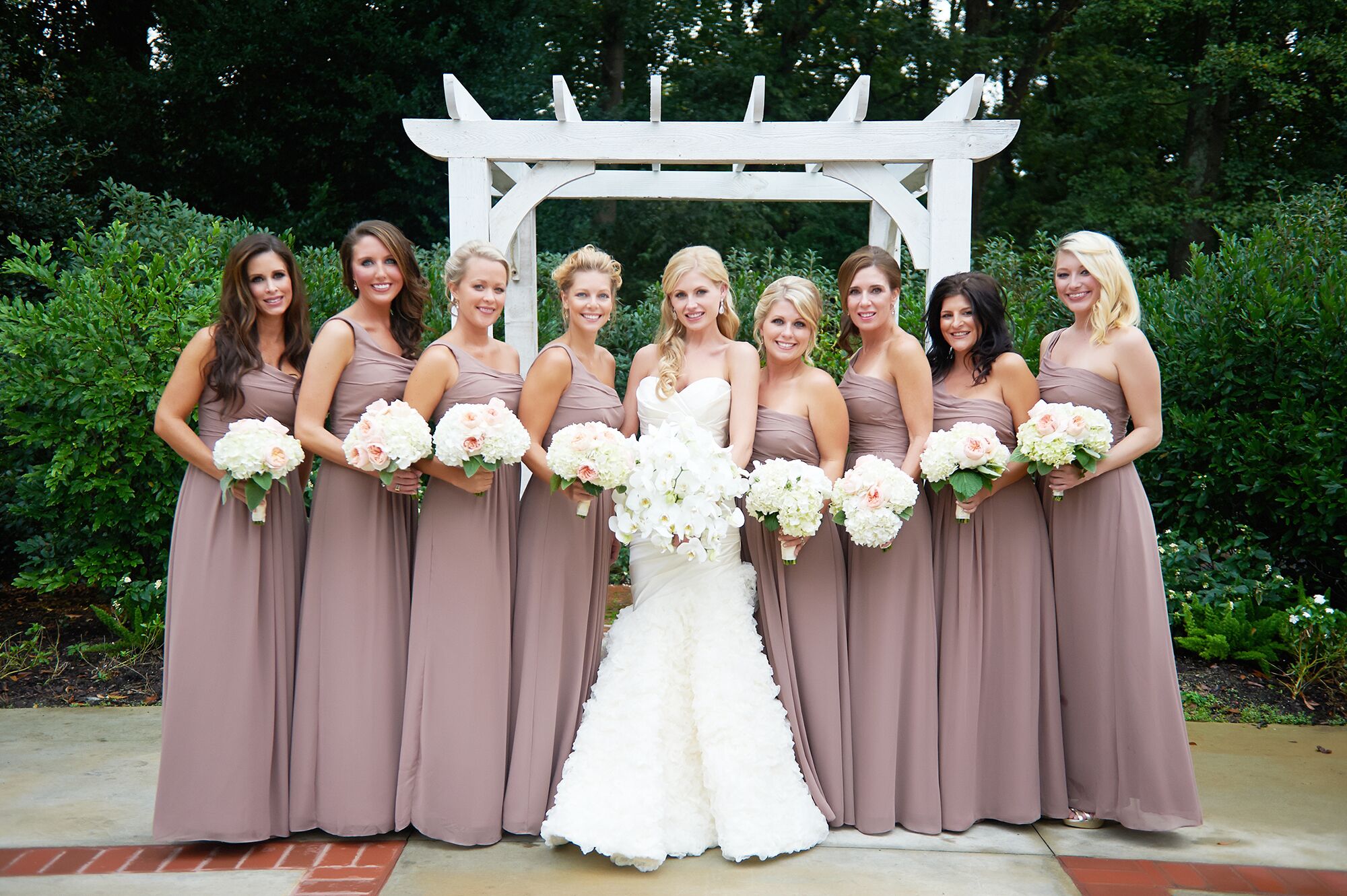 Taupe Bridesmaids Dresses with Pale Bouquets