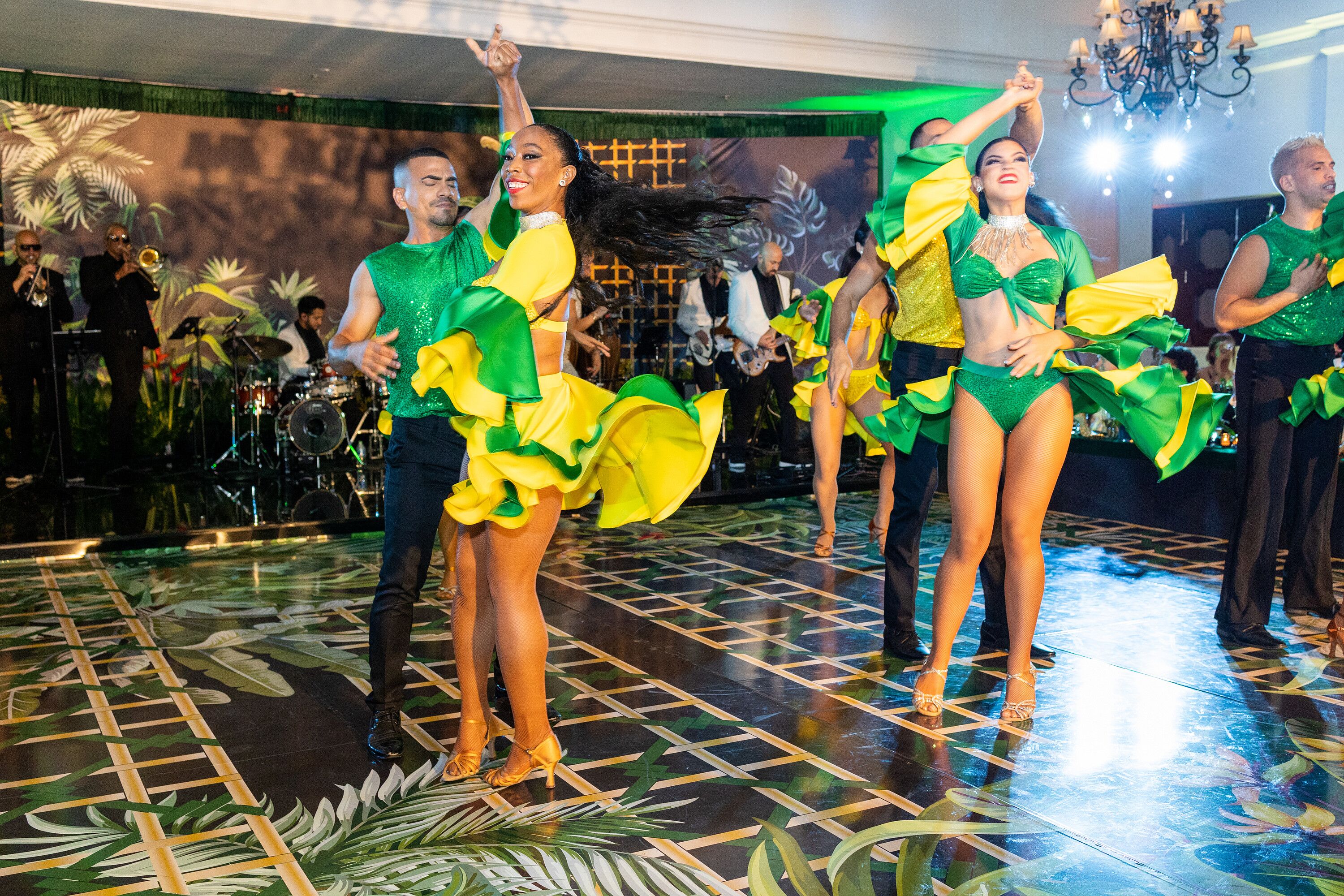 Salsa Dancers Twirling on Custom Deep-Toned Dance Floor