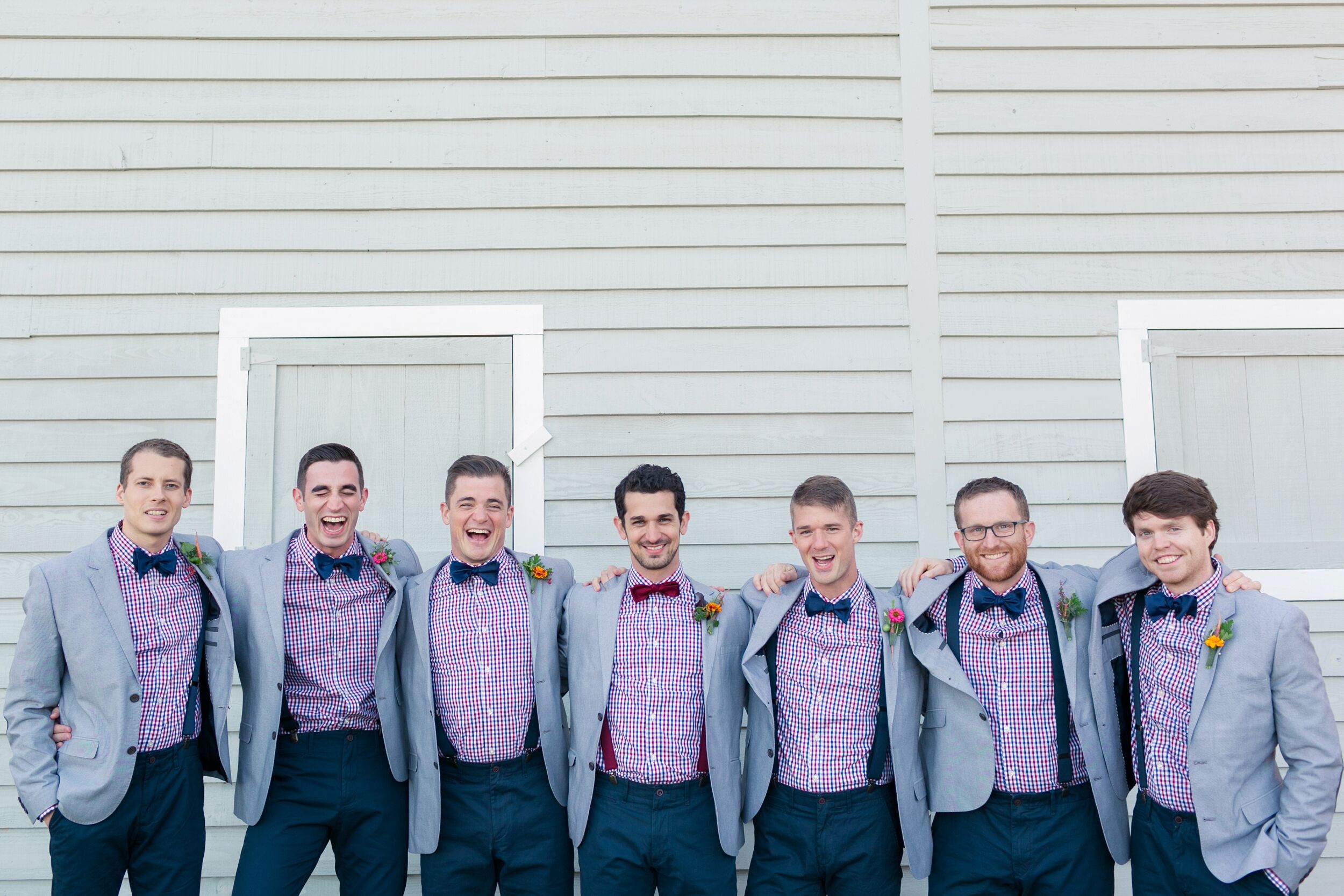 Groomsmen and Groom in Checkered Shirts, Bow Ties and Suspenders