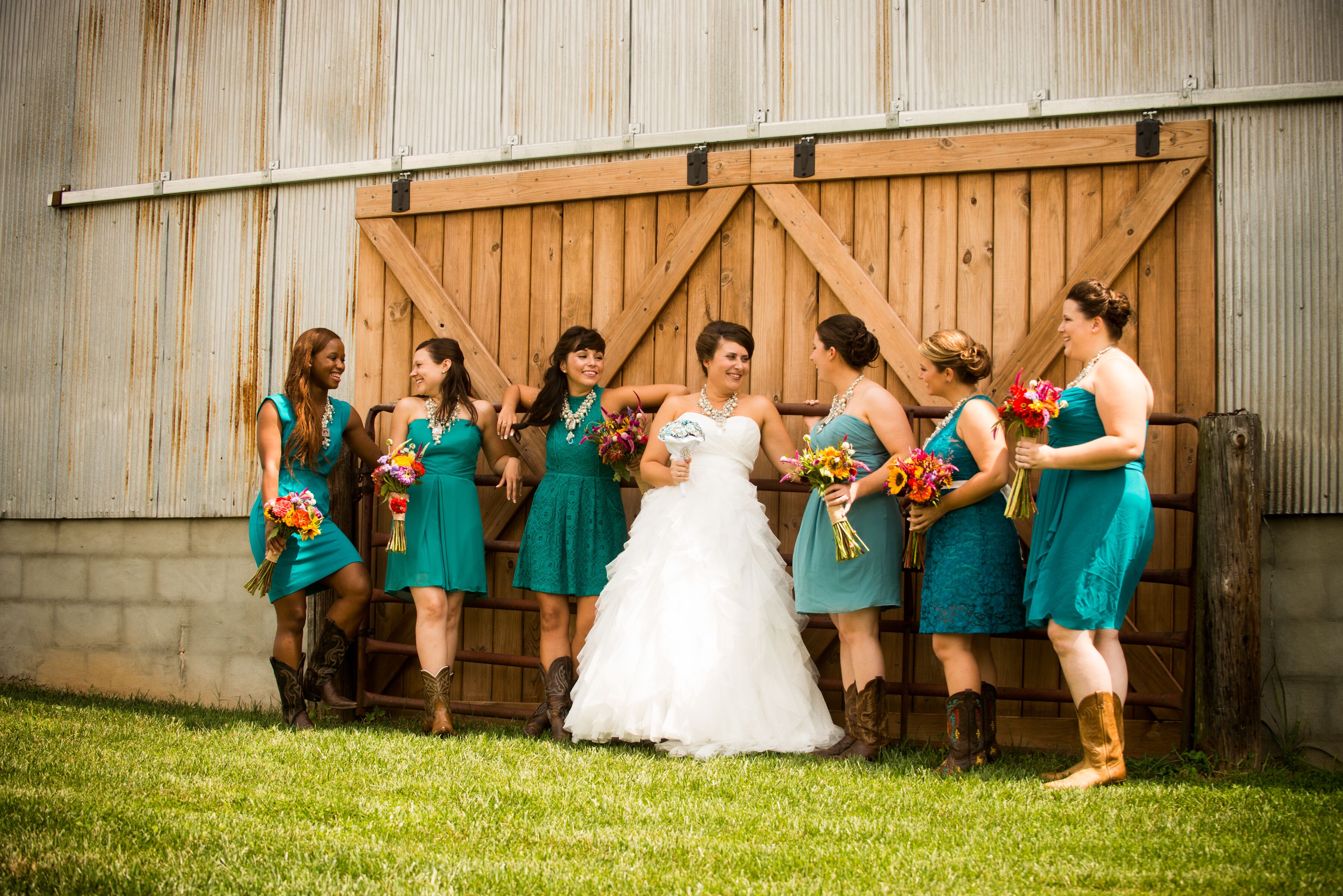 Teal bridesmaid dresses 2025 with cowboy boots