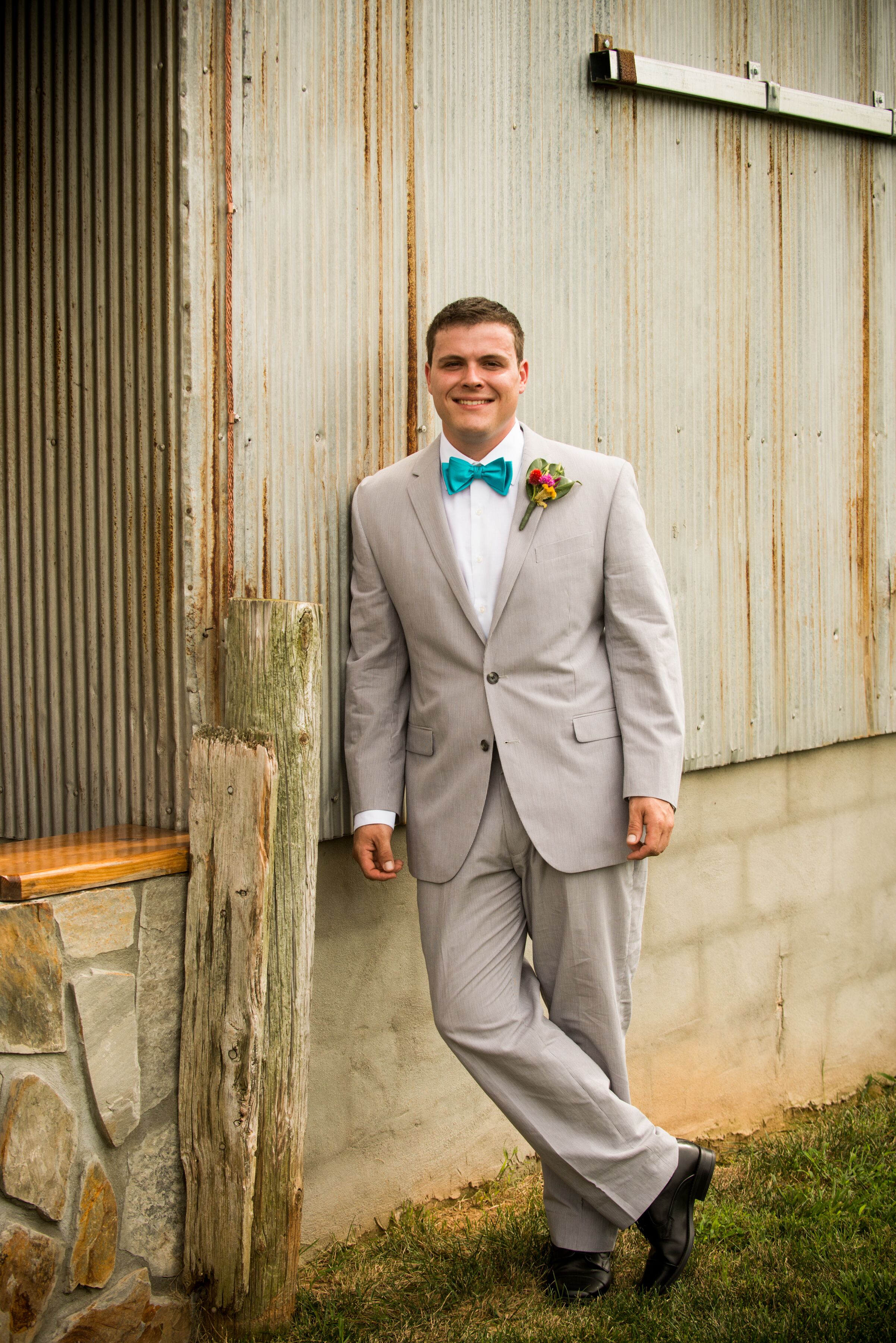 Light Gray Suit with Teal Bow Tie