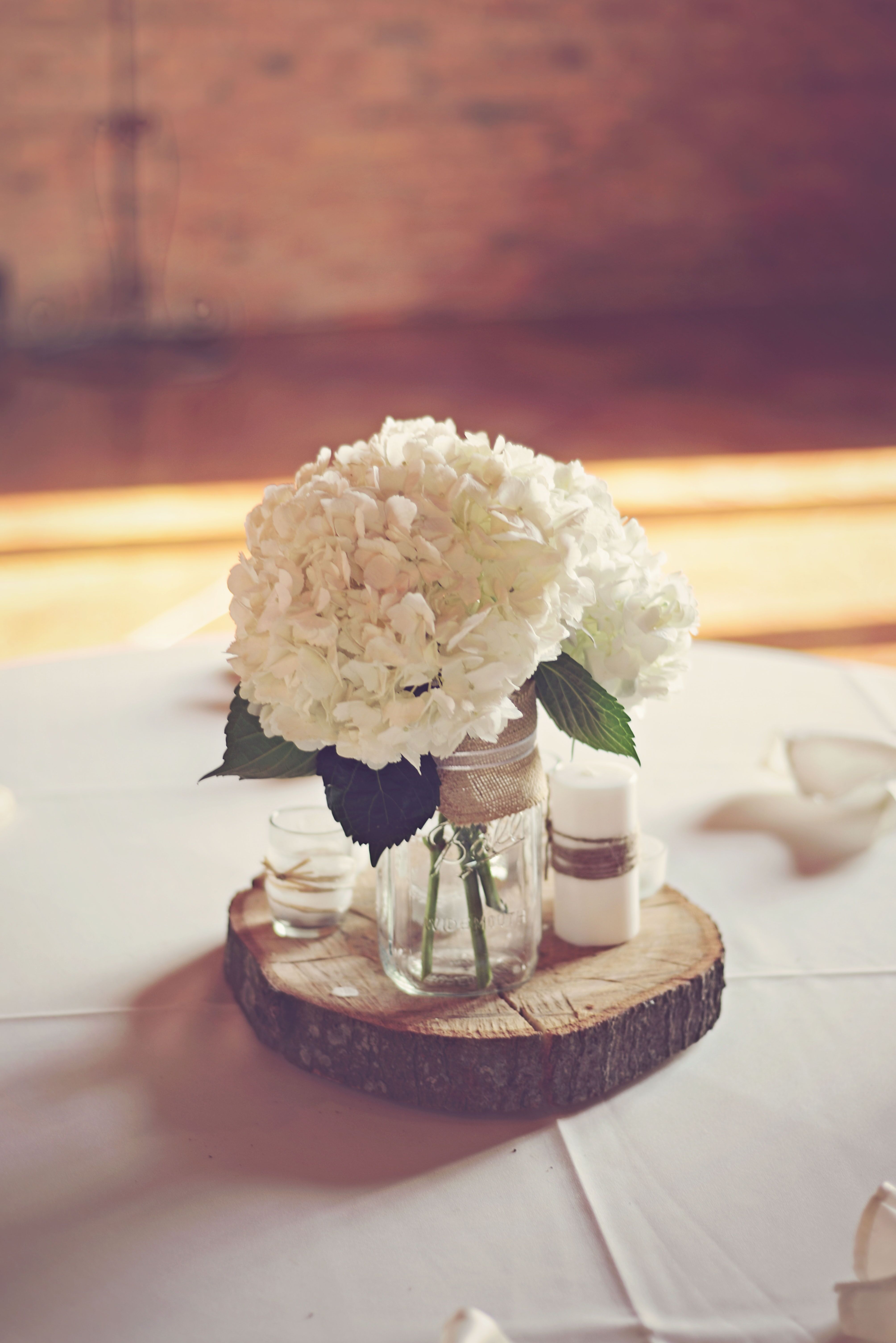 DIY Hydrangea and Wood Round Centerpiece