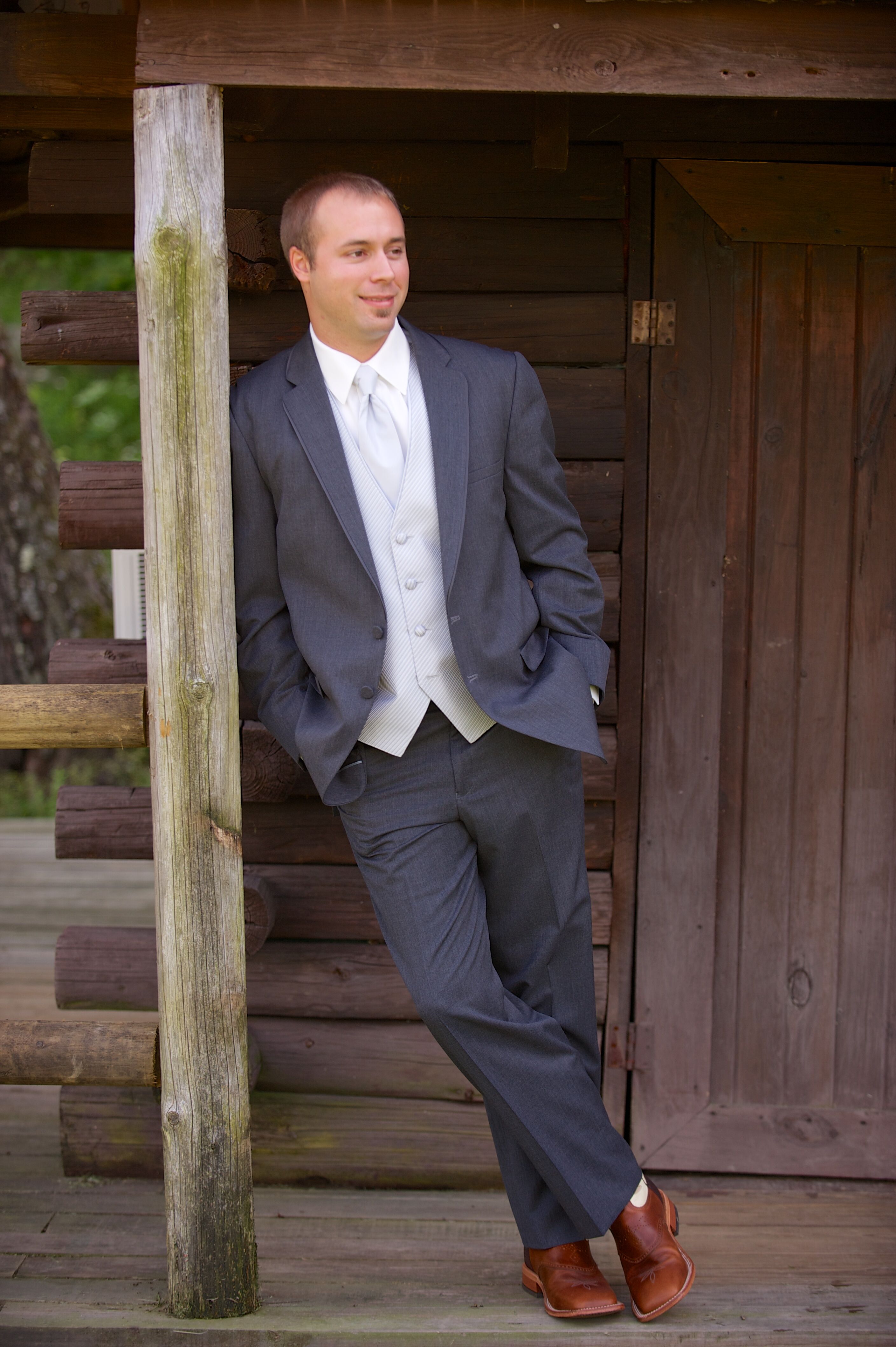 Gray Grooms Tuxedo with Silver Vest and Cowboy Boots