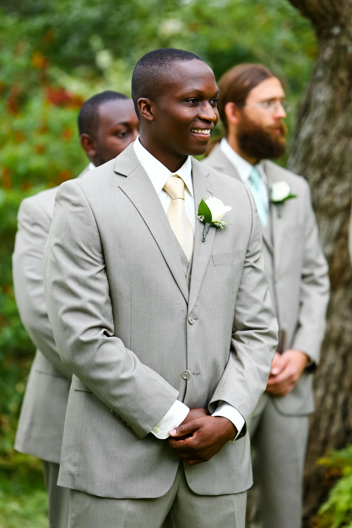 Light Gray Grooms Suit With Champagne-Colored Tie