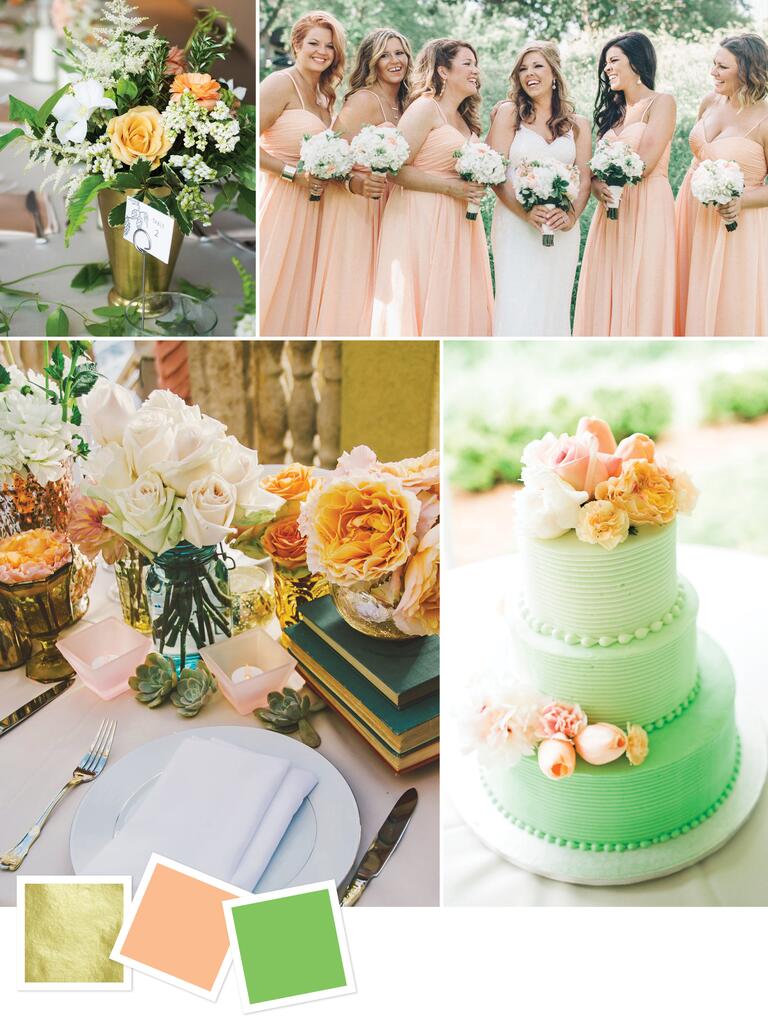 Gold, peach and green wedding color palette