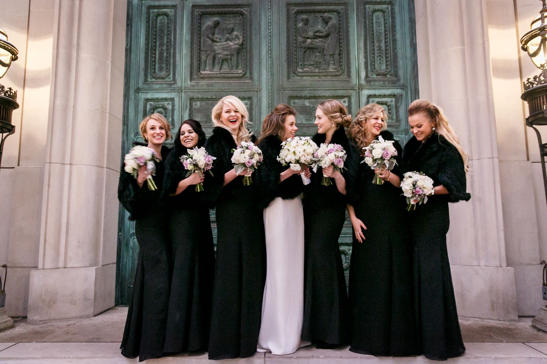 Black Bridesmaid Dresses with Fur Wraps